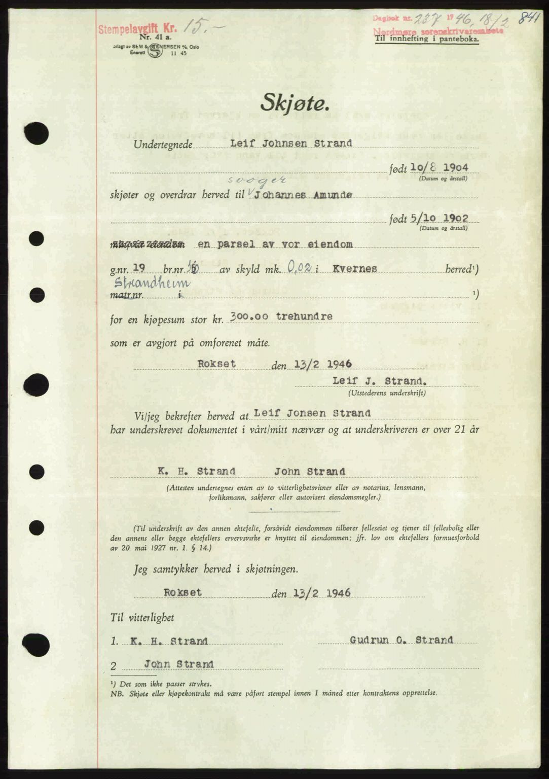 Nordmøre sorenskriveri, AV/SAT-A-4132/1/2/2Ca: Pantebok nr. A100b, 1946-1946, Dagboknr: 237/1946