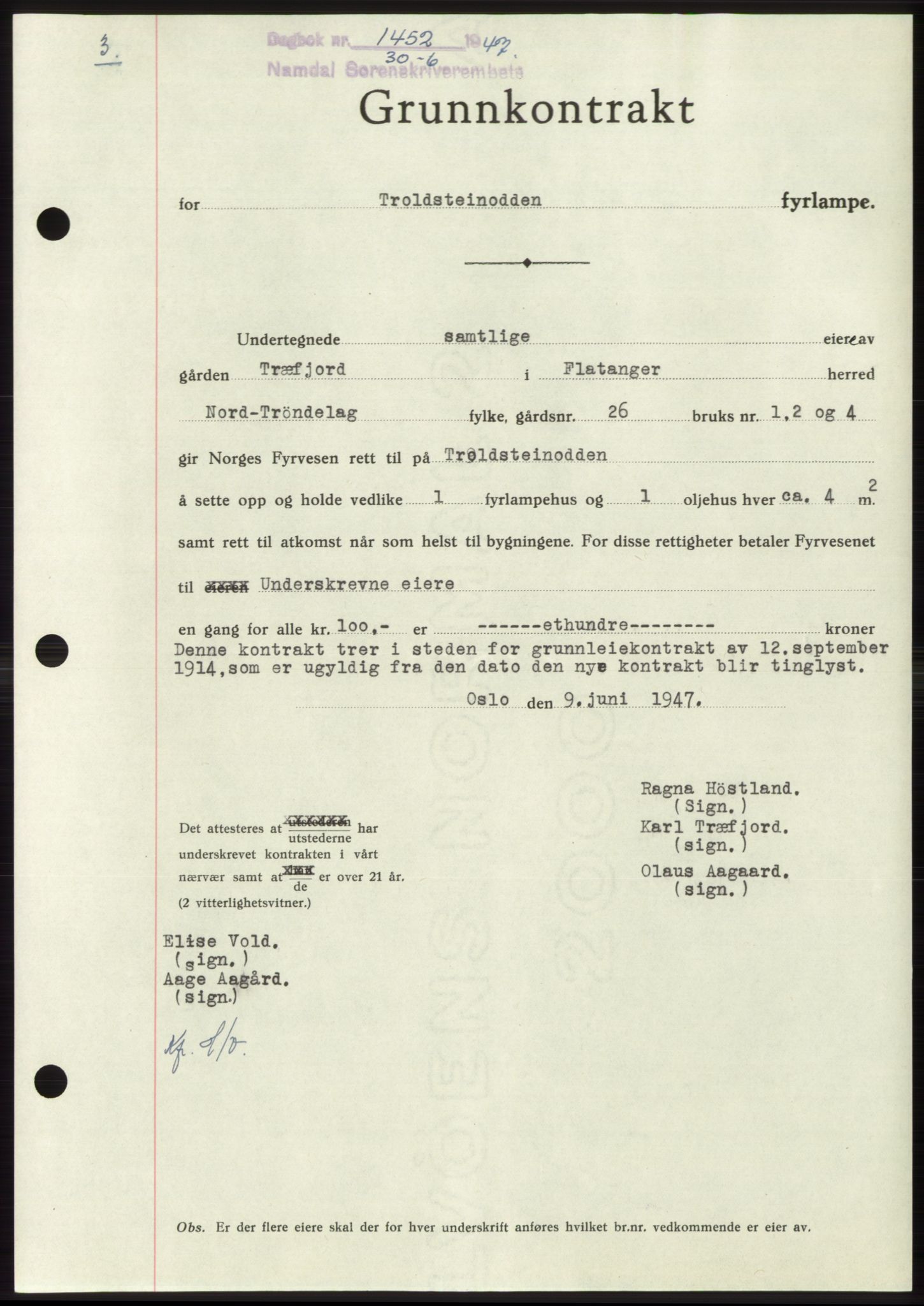 Namdal sorenskriveri, SAT/A-4133/1/2/2C: Pantebok nr. -, 1947-1947, Dagboknr: 1452/1947