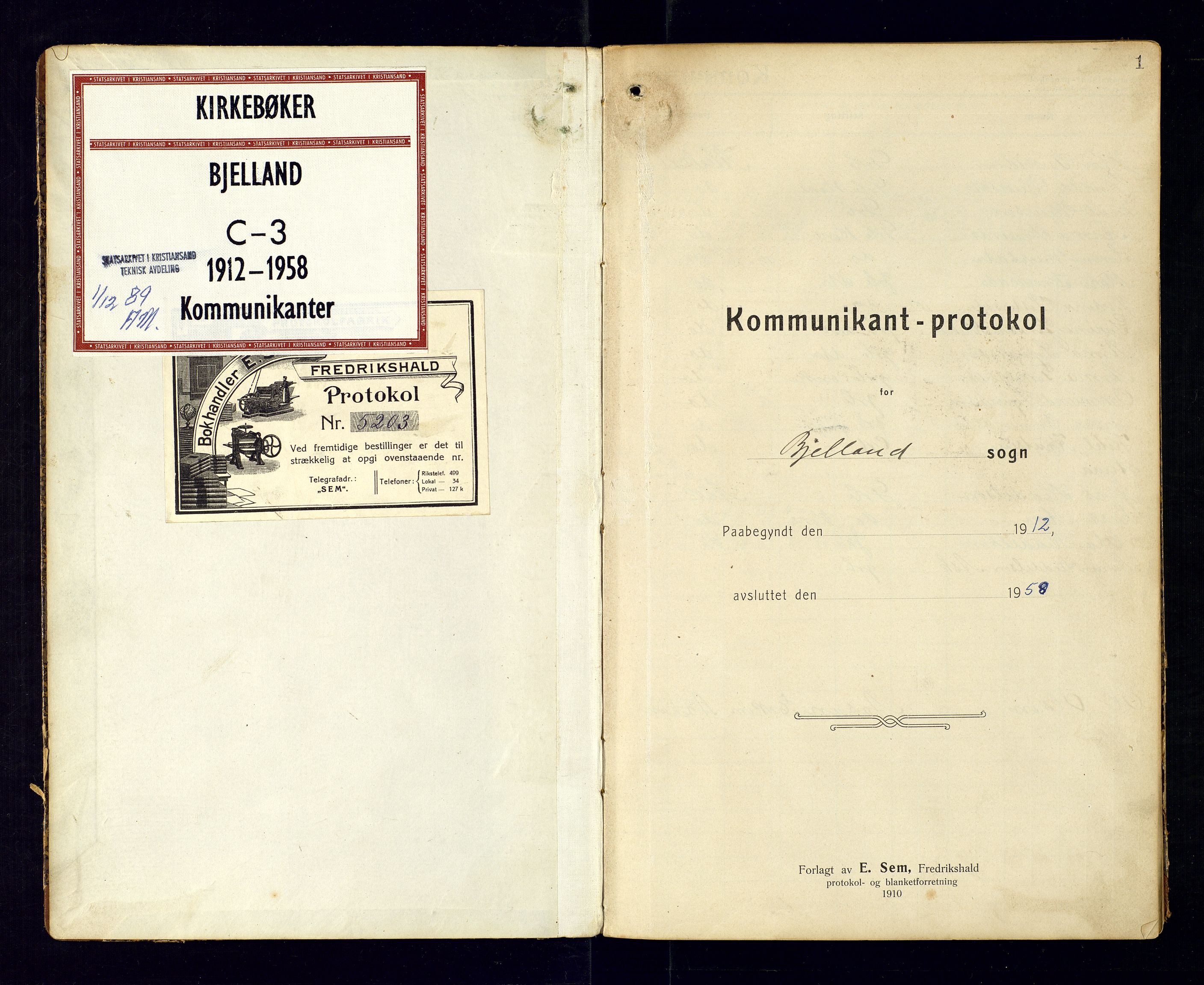 Bjelland sokneprestkontor, SAK/1111-0005/F/Fc/Fca/L0002: Kommunikantprotokoll nr. C-3, 1912-1958, s. 1