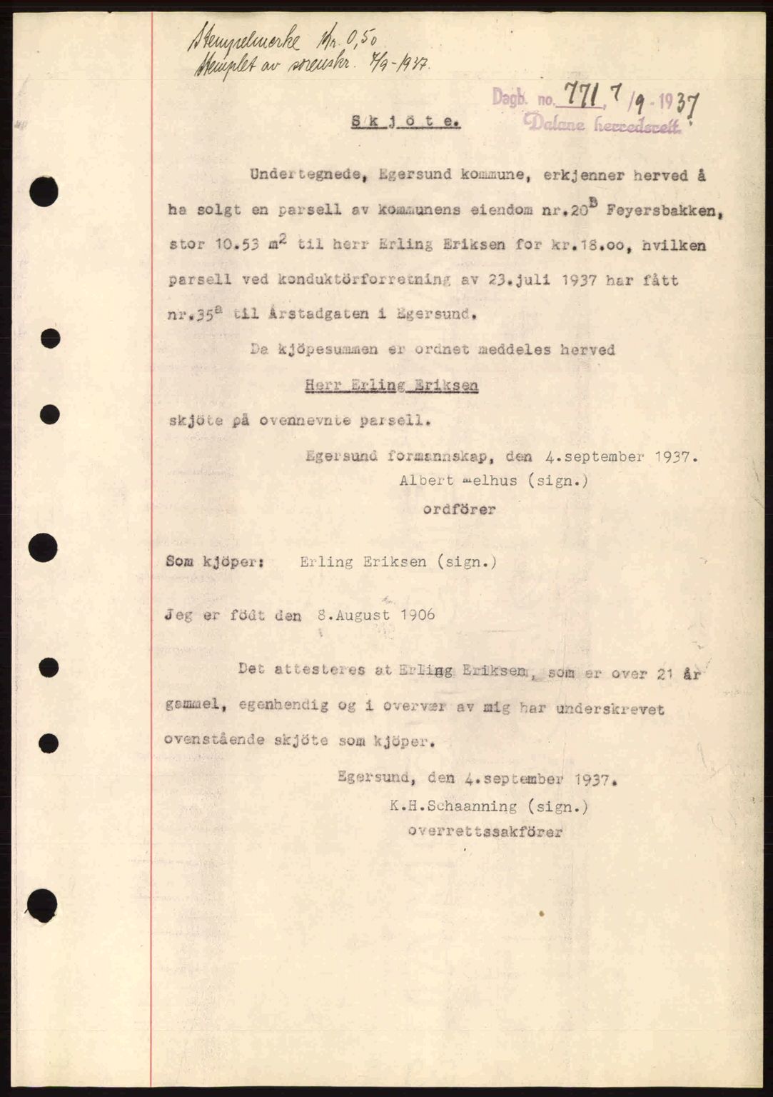 Dalane sorenskriveri, SAST/A-100309/02/G/Gb/L0041: Pantebok nr. A2, 1936-1937, Dagboknr: 771/1937