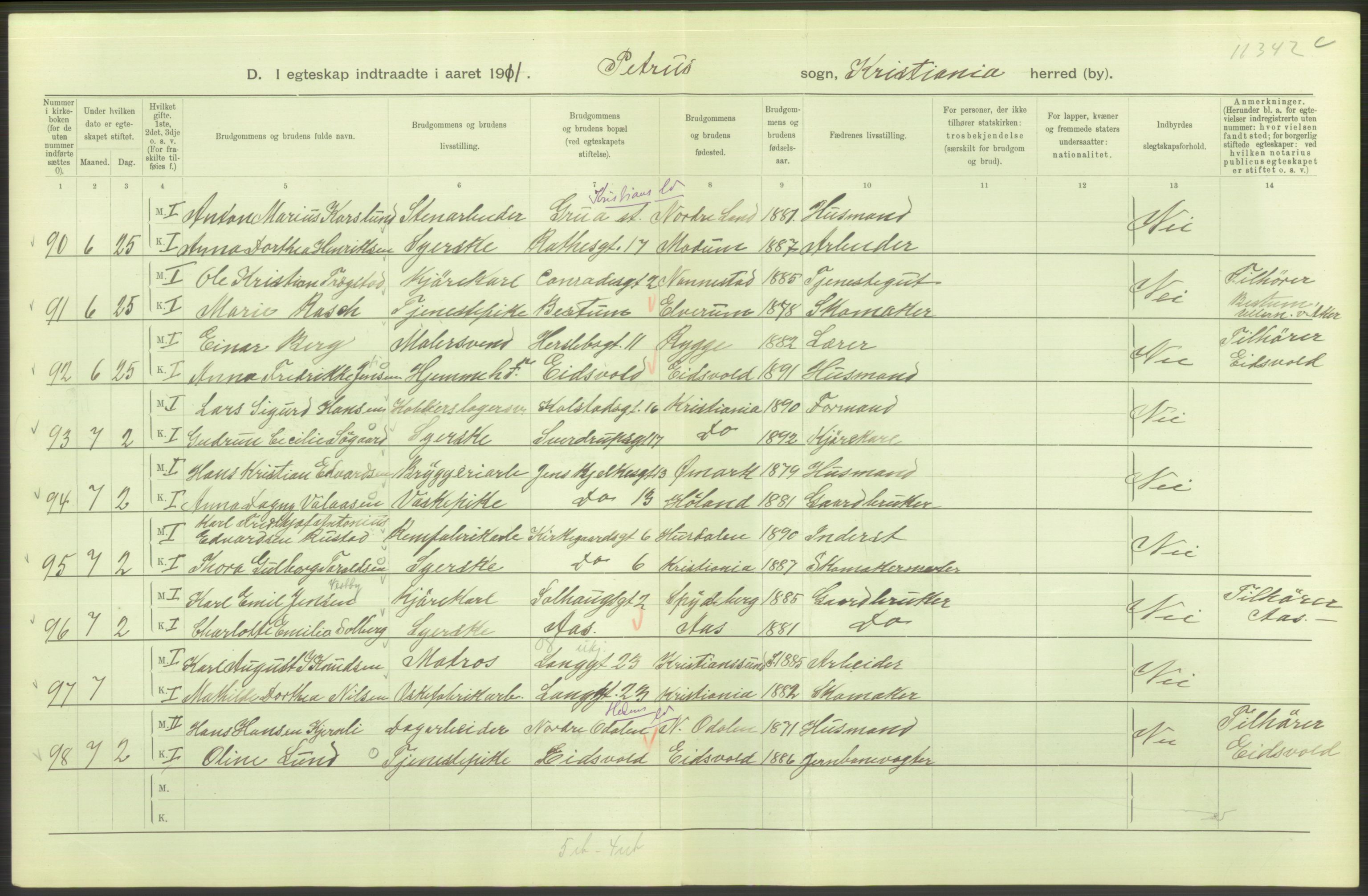 Statistisk sentralbyrå, Sosiodemografiske emner, Befolkning, AV/RA-S-2228/D/Df/Dfb/Dfba/L0008: Kristiania: Gifte, 1911, s. 22