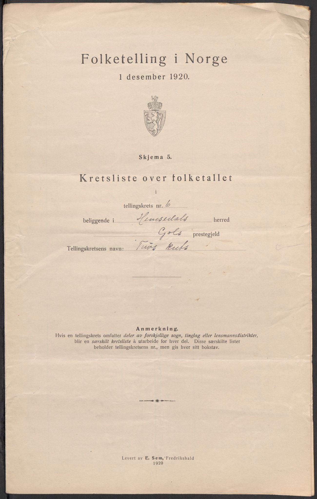 SAKO, Folketelling 1920 for 0618 Hemsedal herred, 1920, s. 20