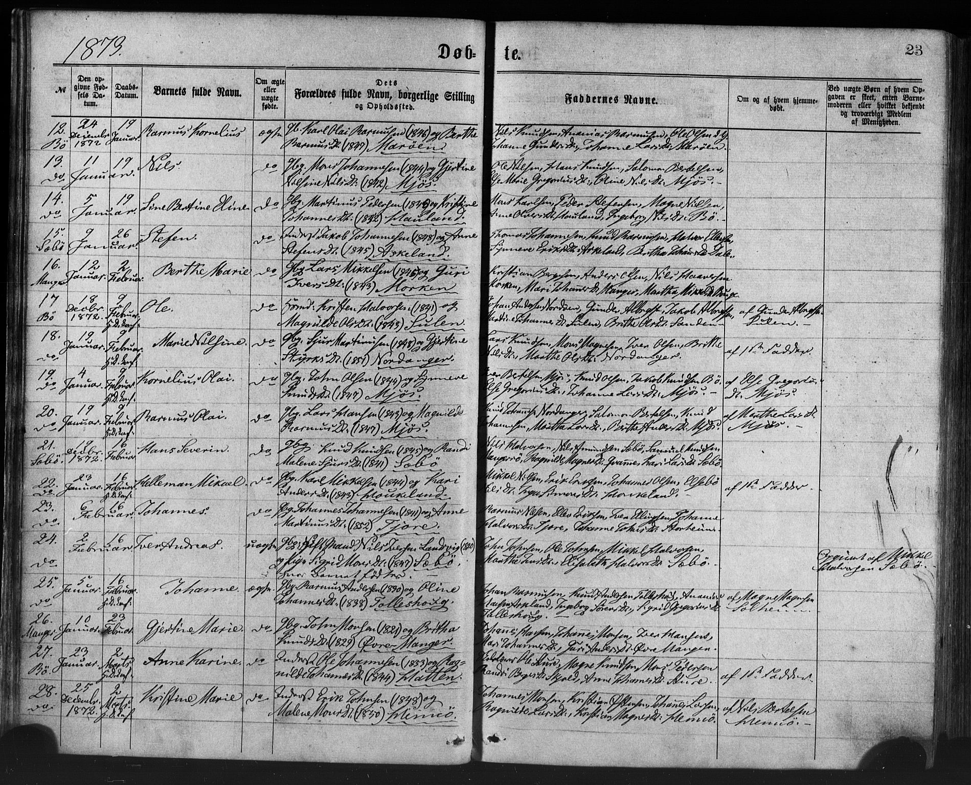 Manger sokneprestembete, AV/SAB-A-76801/H/Haa: Ministerialbok nr. A 8, 1871-1880, s. 23