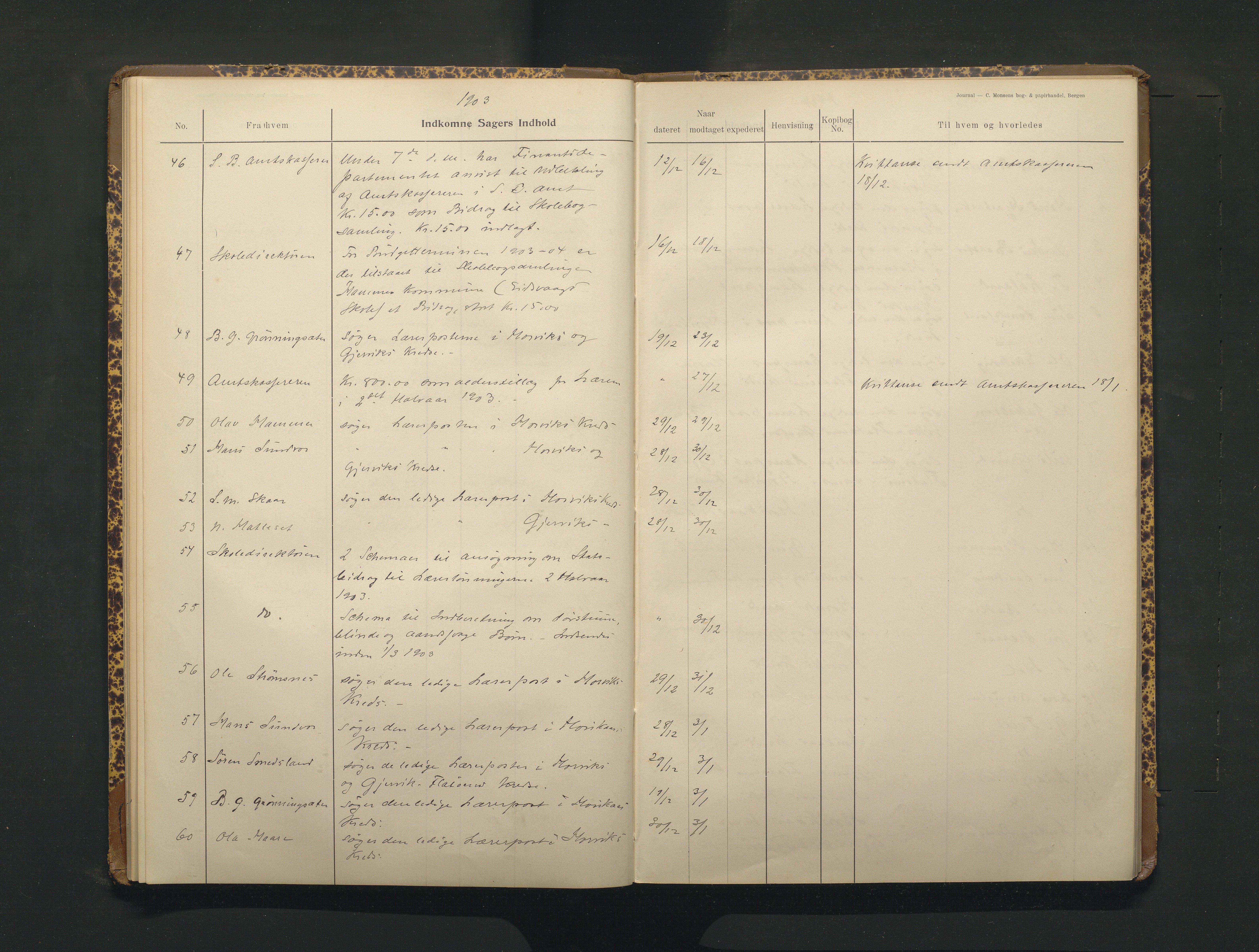 Hamre kommune. Skulestyret, IKAH/1254-211/C/Ca/L0003: Postjournal for Hamre skulestyre, 1901-1916