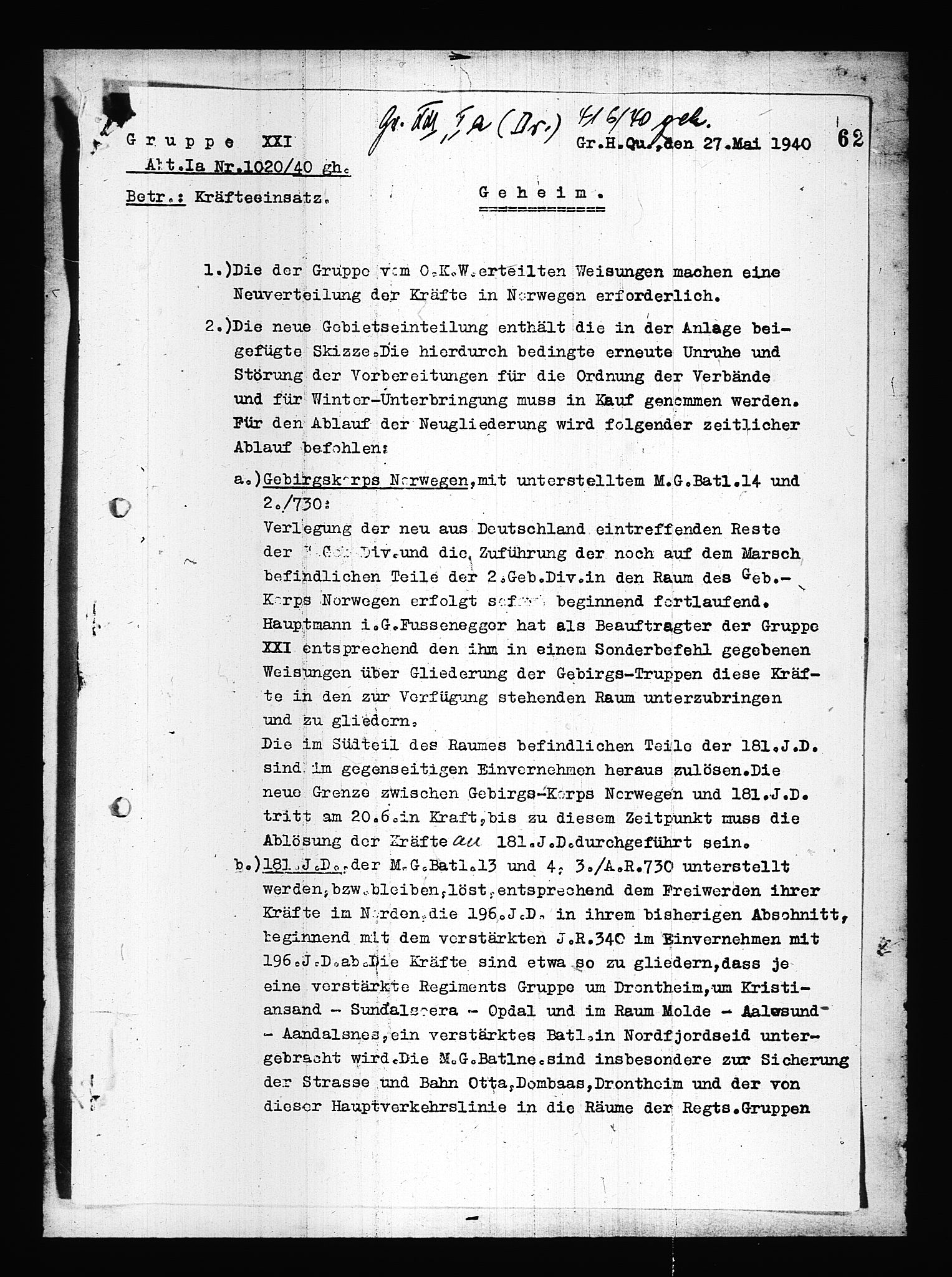 Documents Section, AV/RA-RAFA-2200/V/L0084: Amerikansk mikrofilm "Captured German Documents".
Box No. 723.  FKA jnr. 615/1954., 1940, s. 5