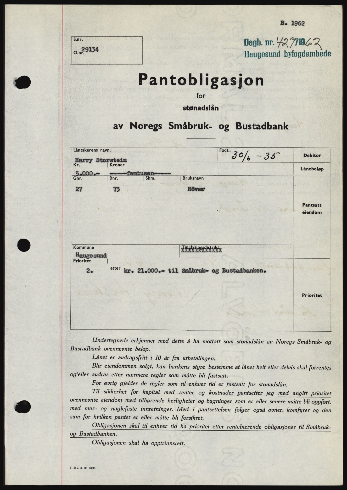 Haugesund tingrett, SAST/A-101415/01/II/IIC/L0049: Pantebok nr. B 49, 1962-1962, Dagboknr: 427/1962