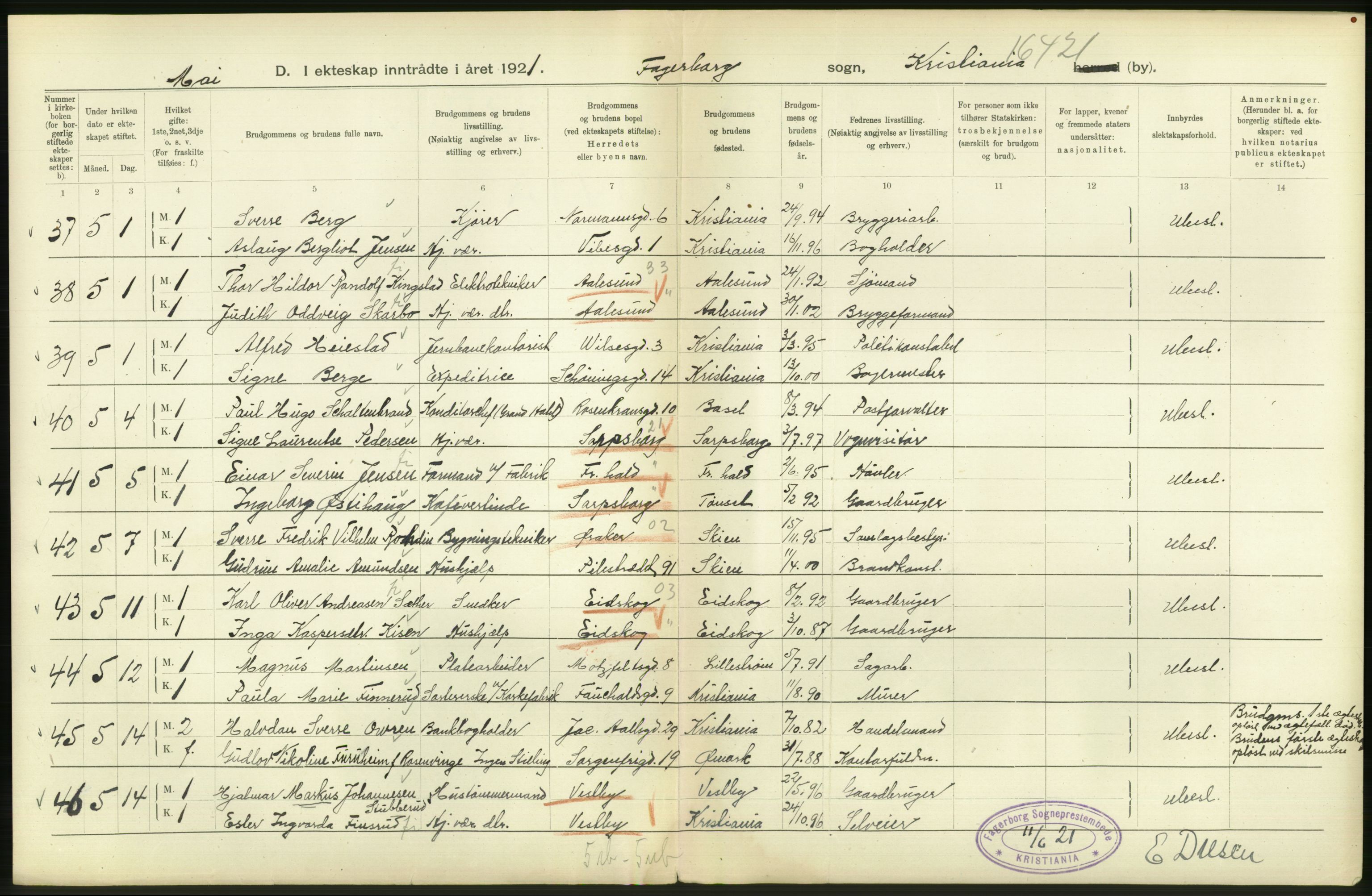 Statistisk sentralbyrå, Sosiodemografiske emner, Befolkning, AV/RA-S-2228/D/Df/Dfc/Dfca/L0011: Kristiania: Gifte, 1921, s. 268