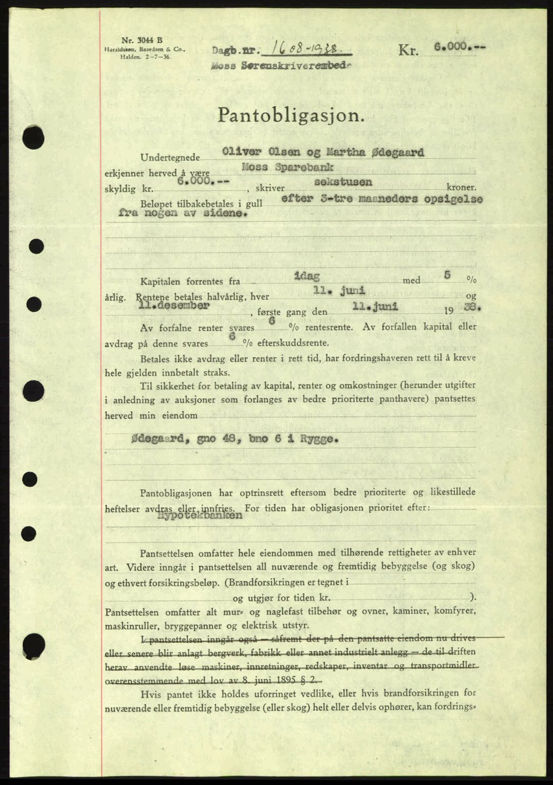 Moss sorenskriveri, SAO/A-10168: Pantebok nr. B6, 1938-1938, Dagboknr: 1608/1938