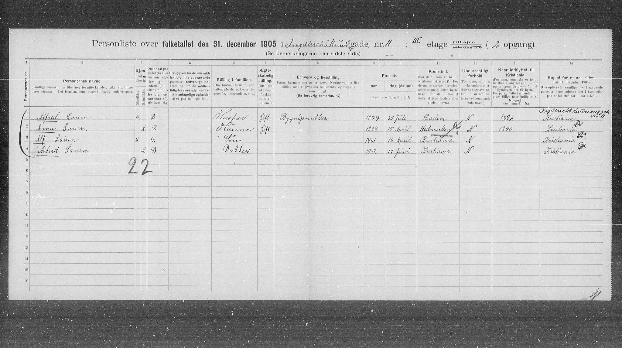 OBA, Kommunal folketelling 31.12.1905 for Kristiania kjøpstad, 1905, s. 23126