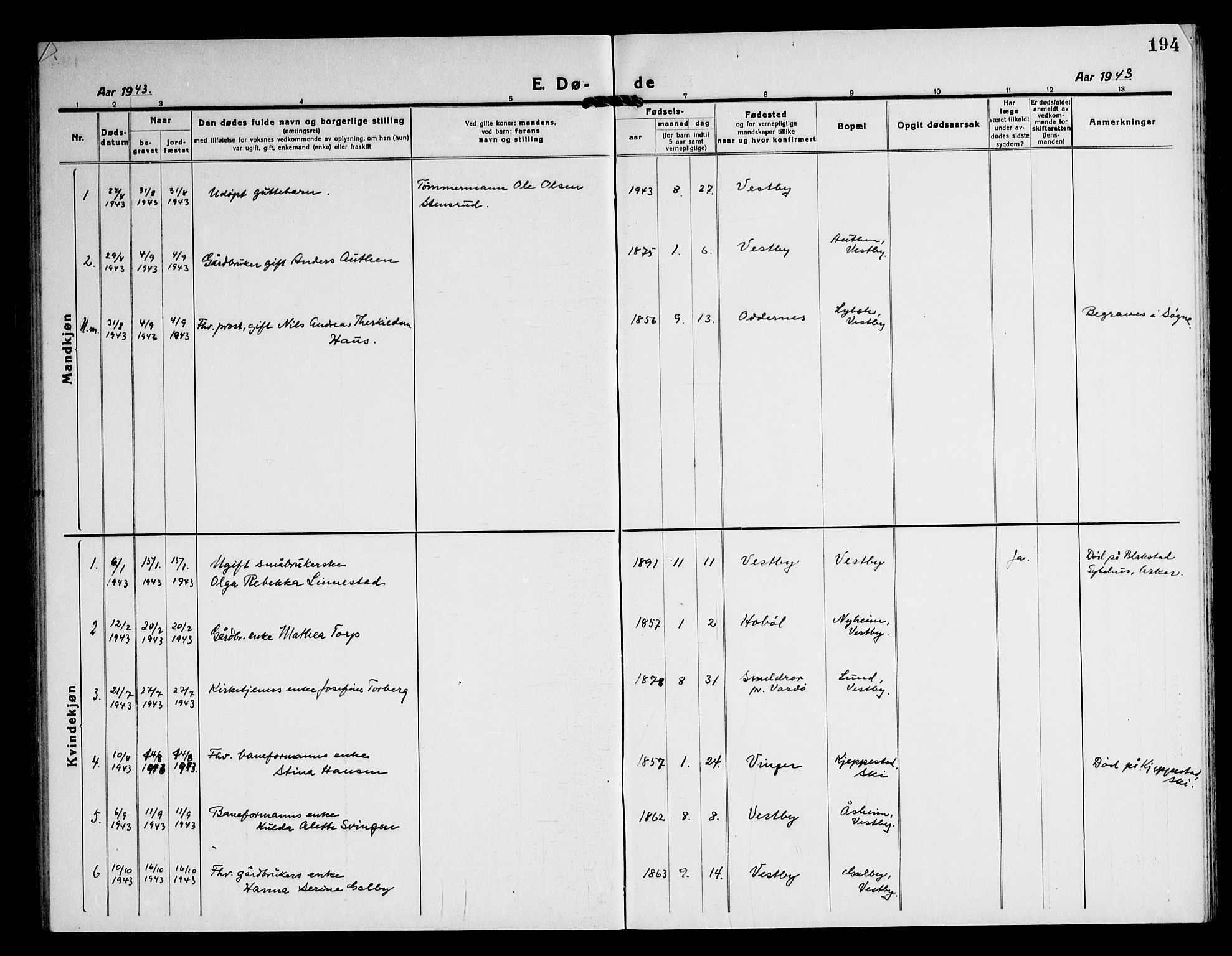 Vestby prestekontor Kirkebøker, SAO/A-10893/G/Ga/L0003: Klokkerbok nr. I 3, 1917-1947, s. 194