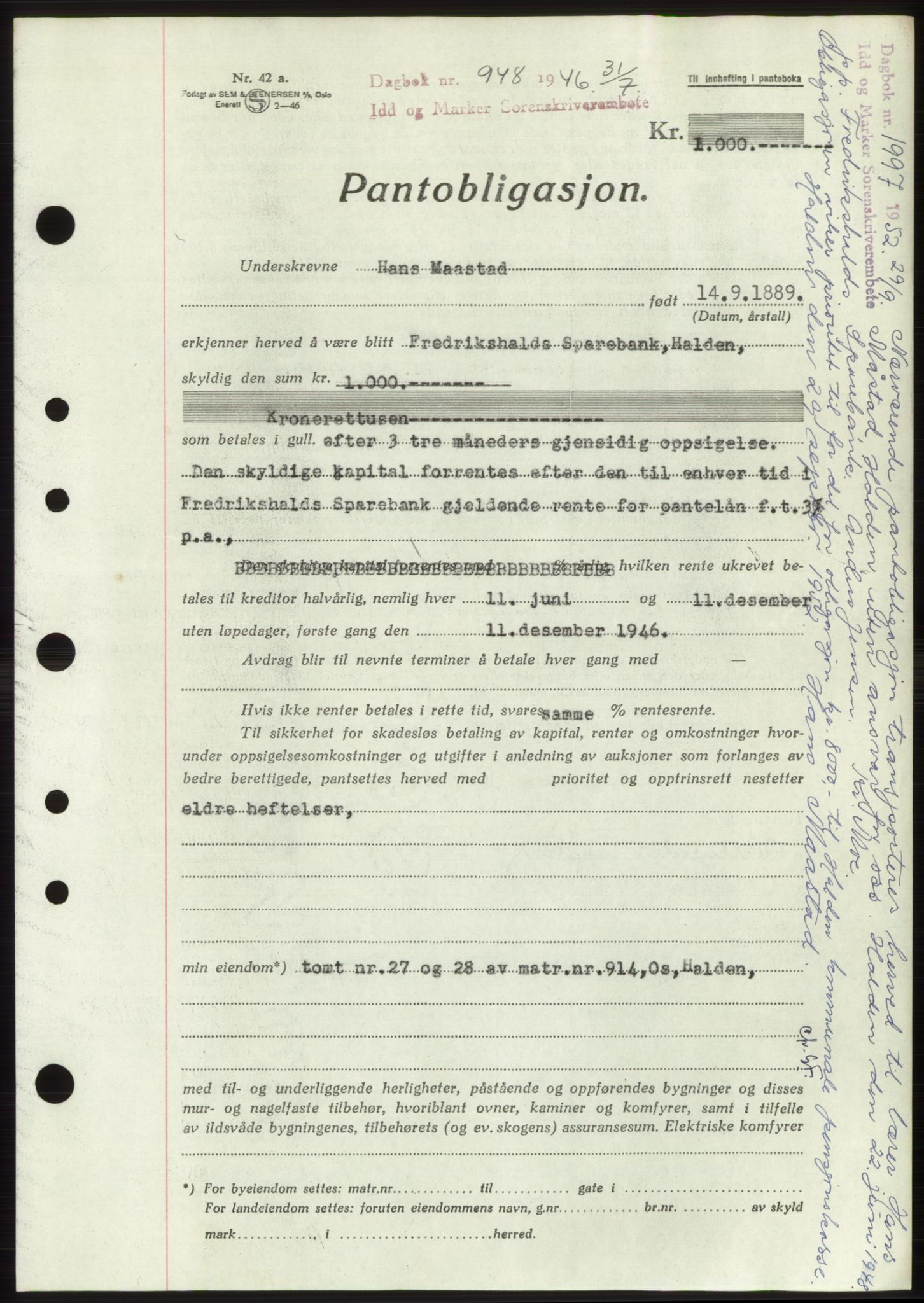 Idd og Marker sorenskriveri, SAO/A-10283/G/Gb/Gbc/L0003: Pantebok nr. B4-9b, 1946-1946, Tingl.dato: 31.07.1946