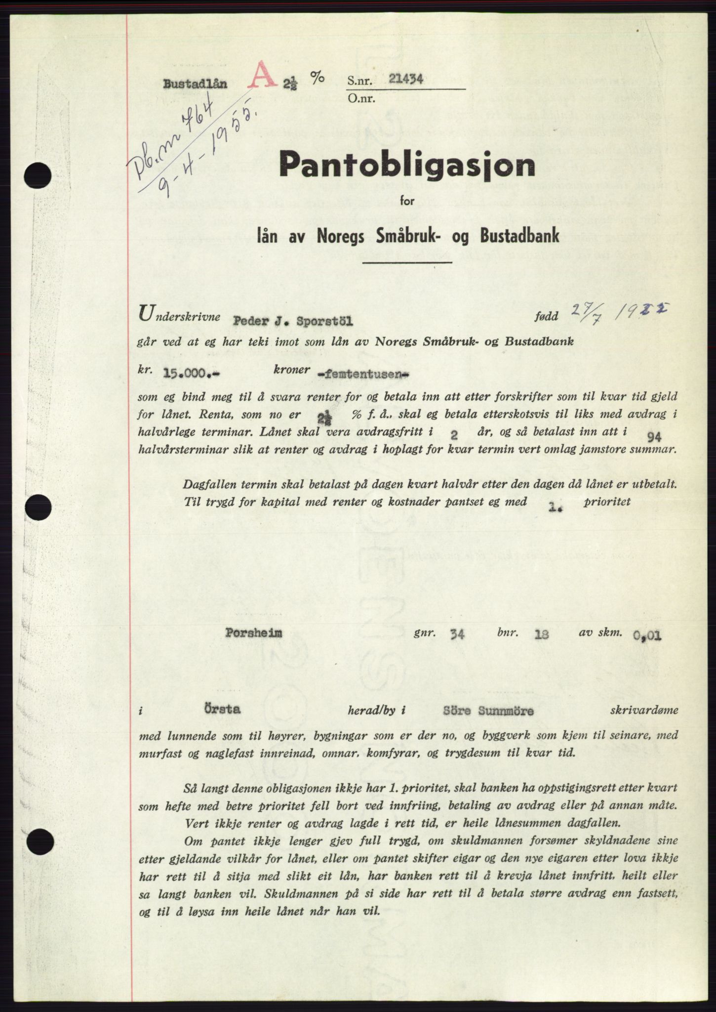 Søre Sunnmøre sorenskriveri, AV/SAT-A-4122/1/2/2C/L0126: Pantebok nr. 14B, 1954-1955, Dagboknr: 764/1955