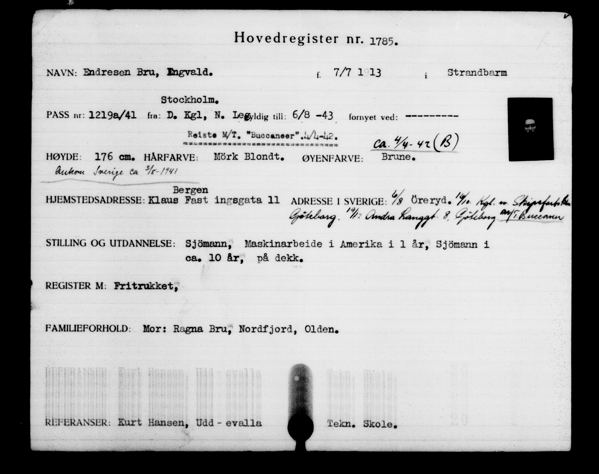 Utenriksstasjonene, Legasjonen i Stockholm, Flyktningkontoret, AV/RA-S-6753/V/Va/L0002: Kjesäterkartoteket, flyktninger med registreringsnr. 1001-2000, 1940-1945, s. 1122