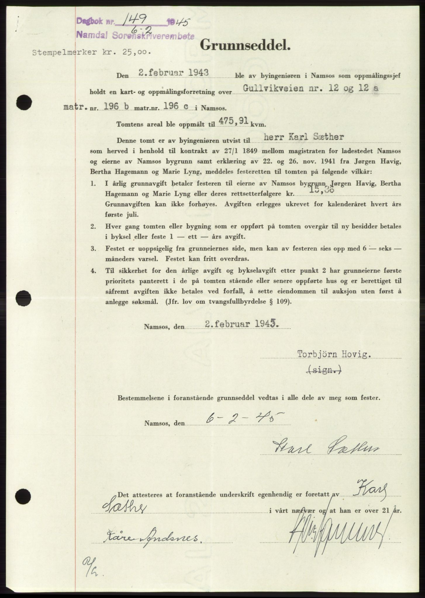 Namdal sorenskriveri, SAT/A-4133/1/2/2C: Pantebok nr. -, 1944-1945, Dagboknr: 149/1945