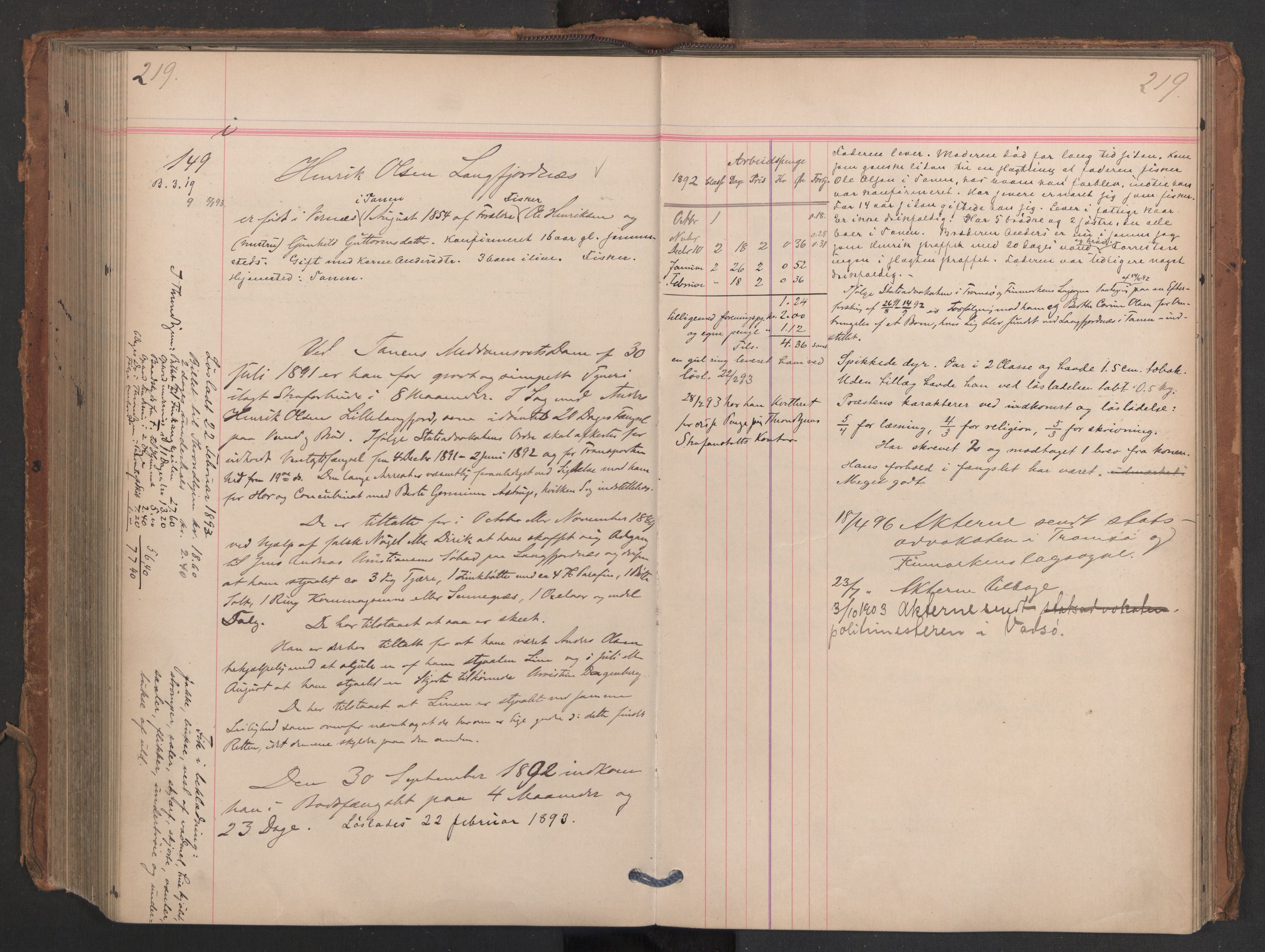 Botsfengslet, AV/RA-S-1539/D/Db/Dbb/L0027: 931h - 213i, 1891-1893, s. 219