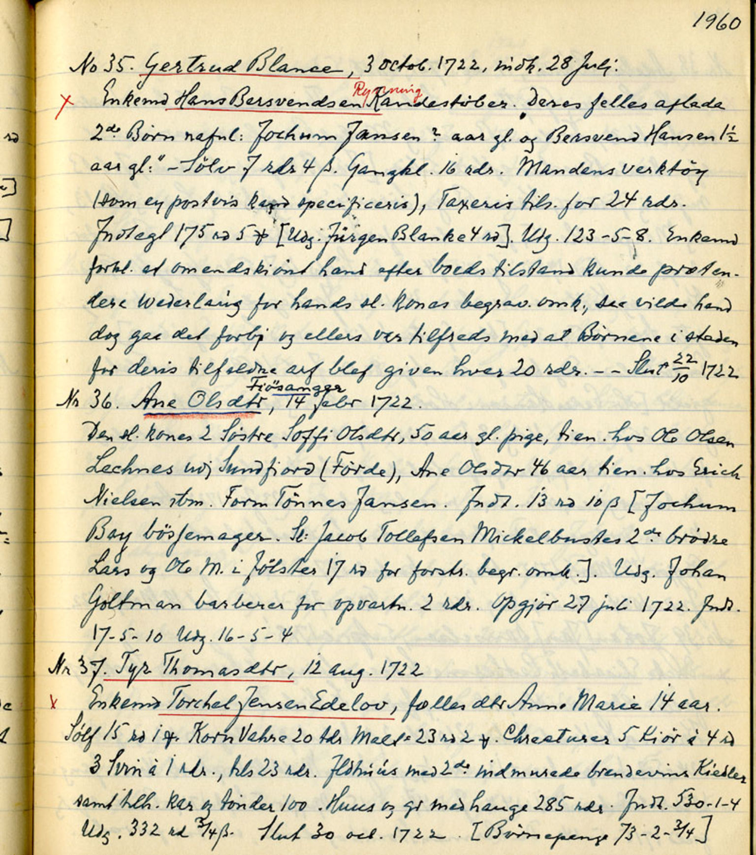 Sollied, Olaf og Thora - samlinger, AV/SAB-SAB/DA-0401/01/L0011/0002: Skifte: Utdrag av registreringsprotokoll / 97 Skifte: utdrag av registreringsprotokoll, 1696-1722, s. 1960