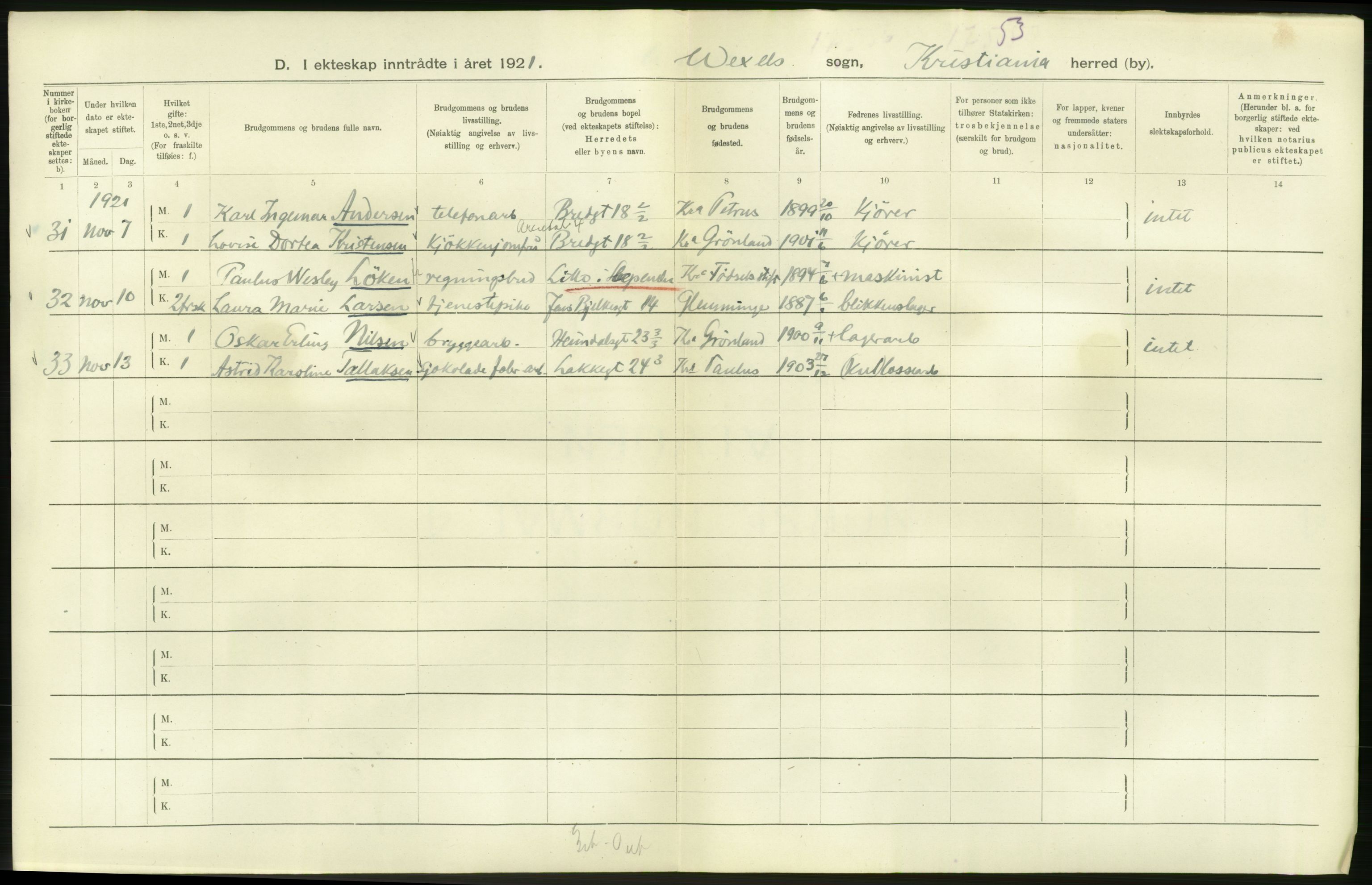 Statistisk sentralbyrå, Sosiodemografiske emner, Befolkning, RA/S-2228/D/Df/Dfc/Dfca/L0011: Kristiania: Gifte, 1921, s. 630