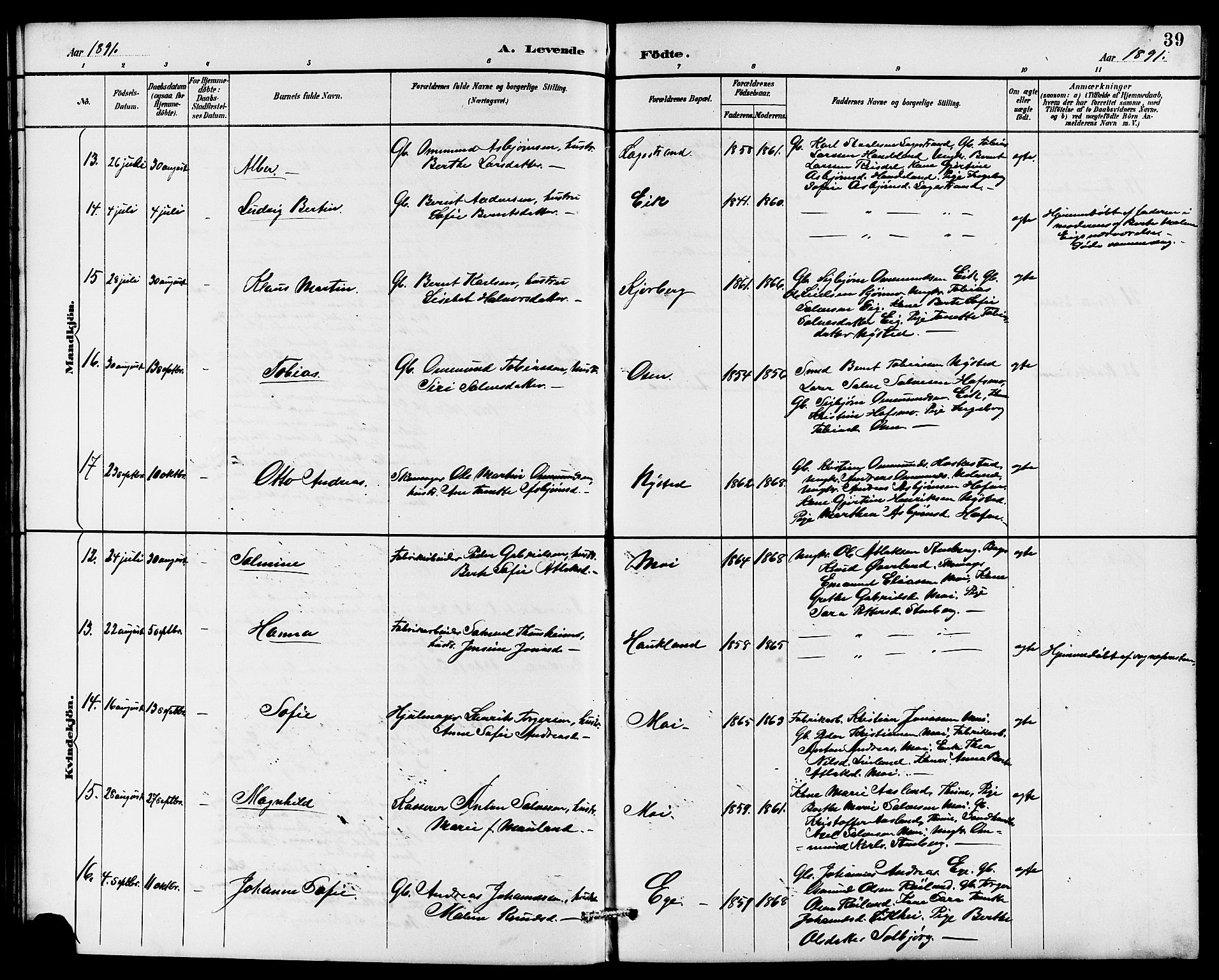 Lund sokneprestkontor, AV/SAST-A-101809/S07/L0006: Klokkerbok nr. B 6, 1885-1901, s. 39