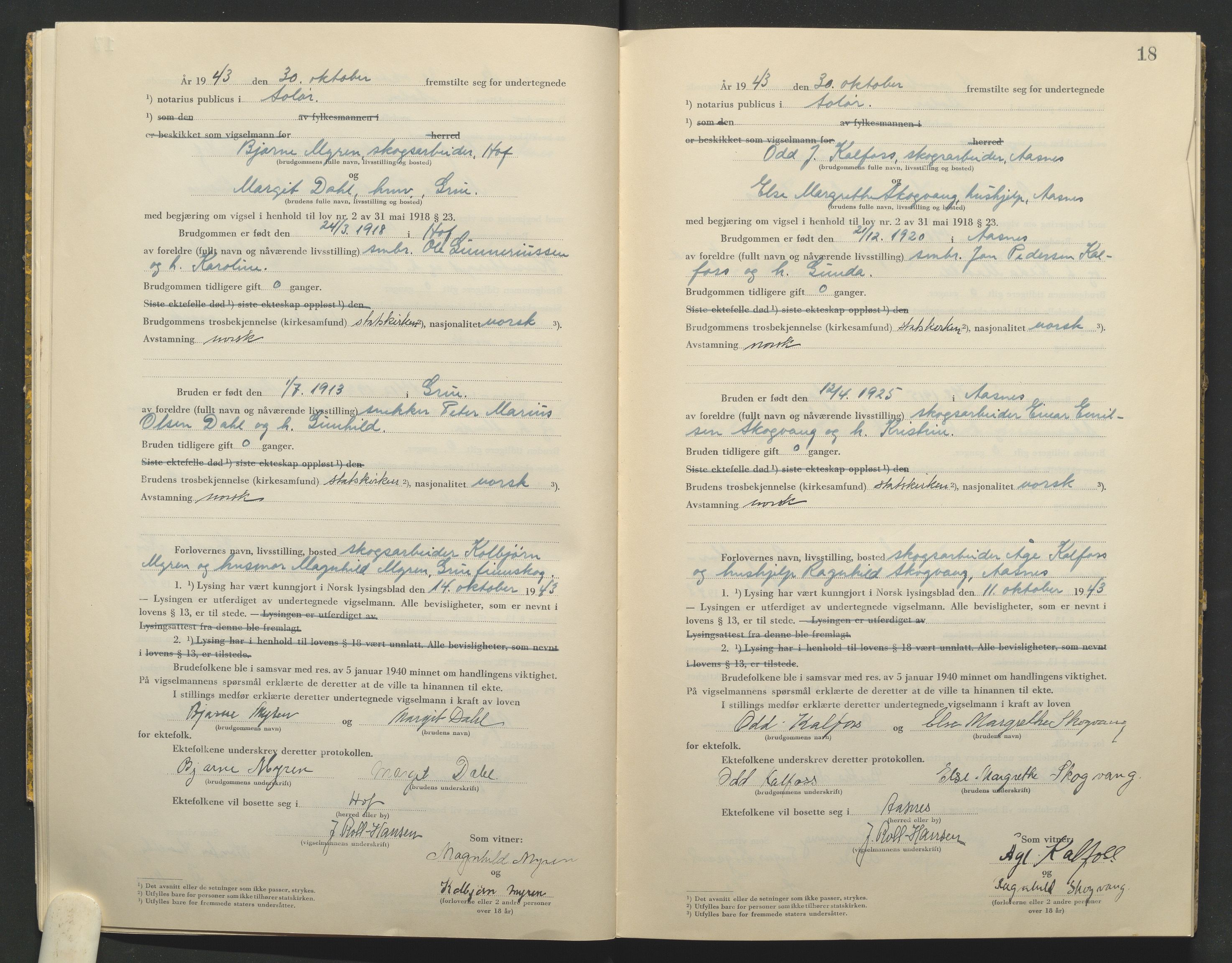 Solør tingrett, AV/SAH-TING-008/L/Lb/L0002: Vigselprotokoll, 1943-1944, s. 18