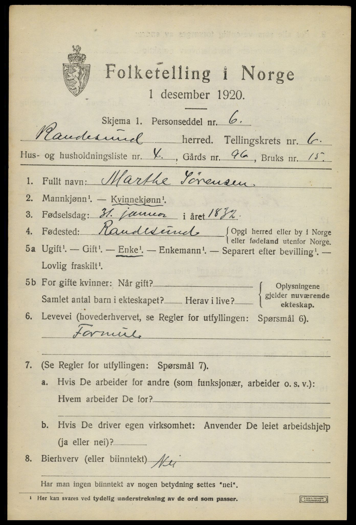 SAK, Folketelling 1920 for 1011 Randesund herred, 1920, s. 2780