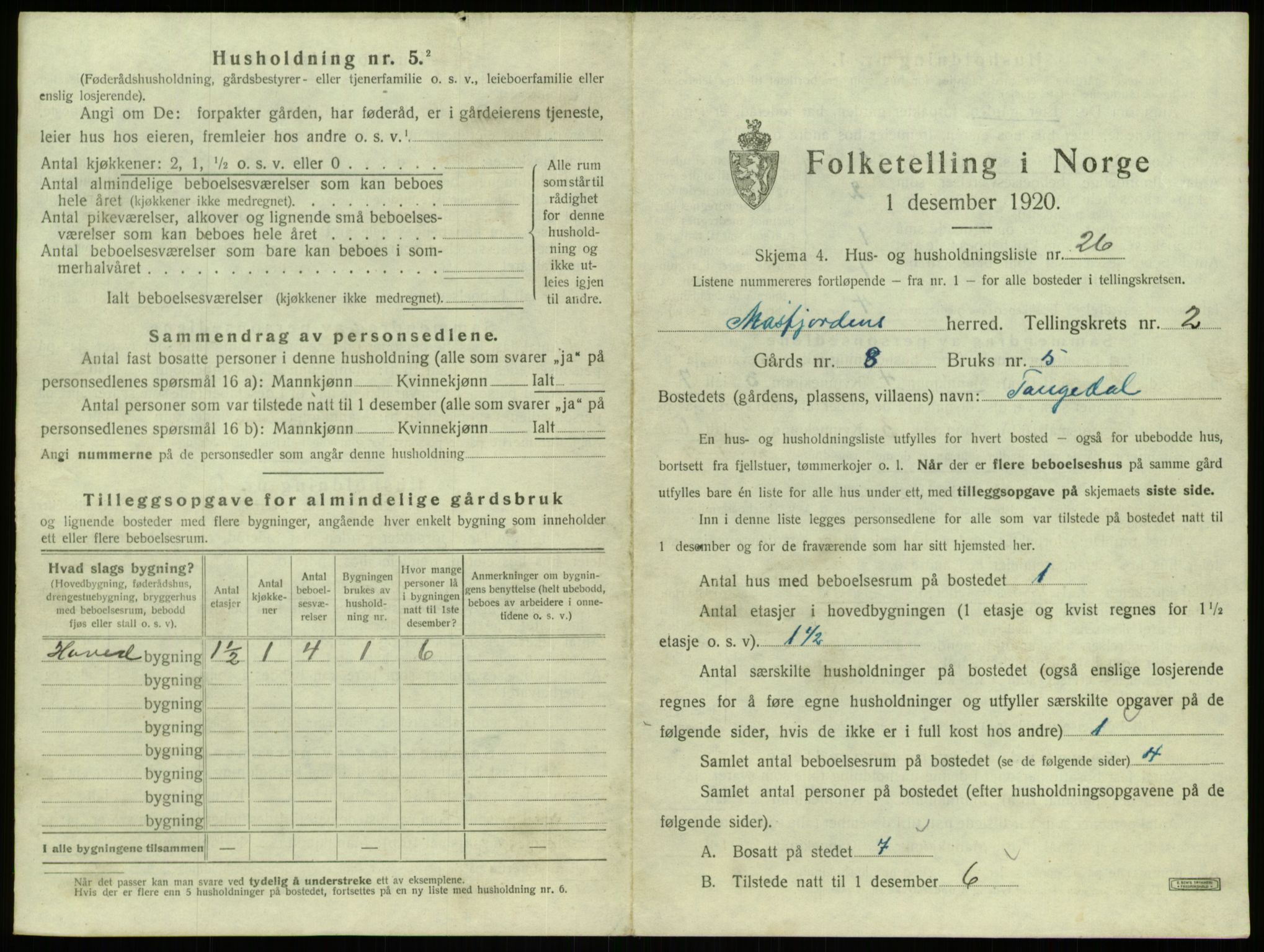 SAB, Folketelling 1920 for 1266 Masfjorden herred, 1920, s. 147