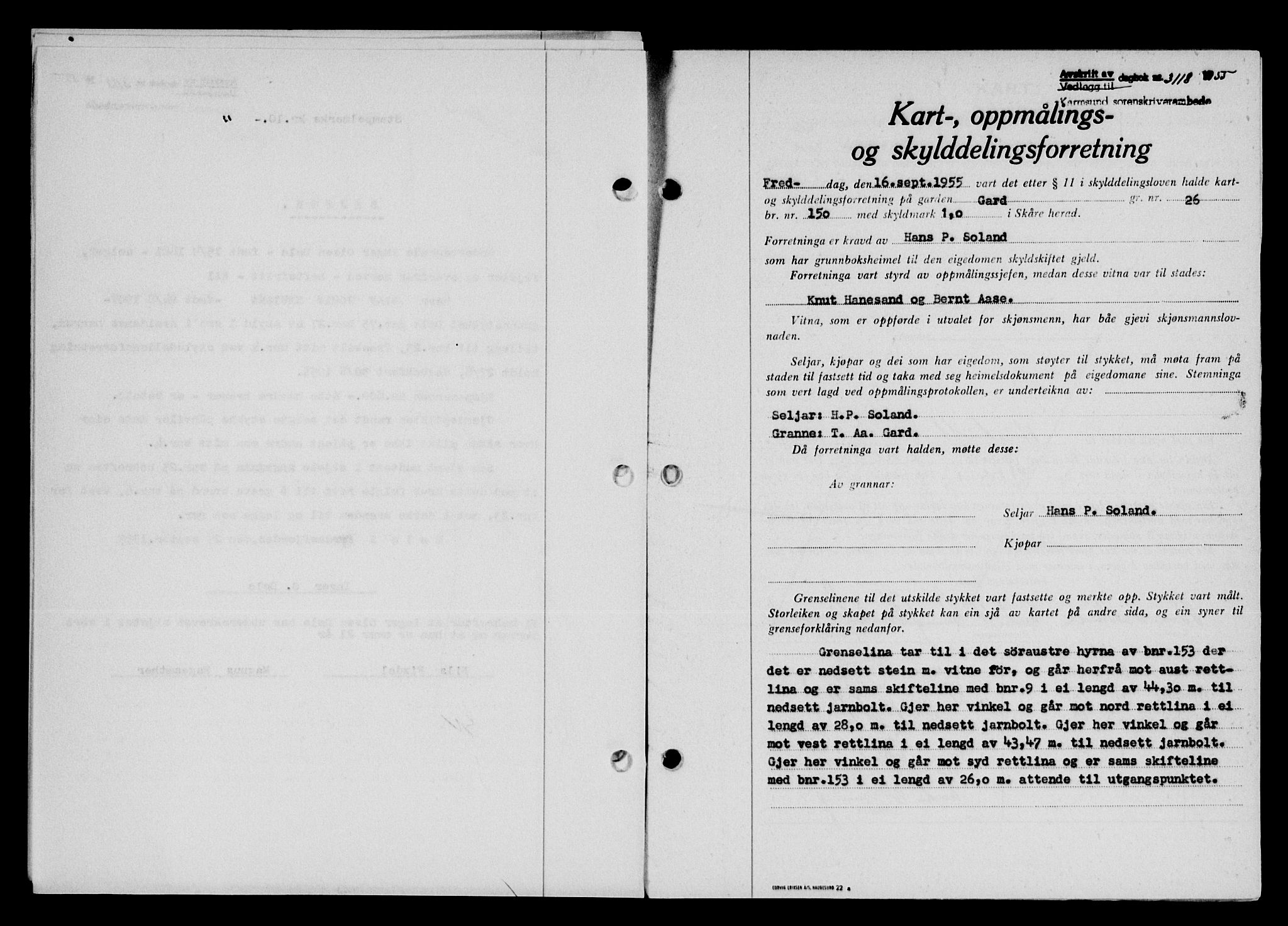 Karmsund sorenskriveri, SAST/A-100311/01/II/IIB/L0117: Pantebok nr. 97Aa, 1955-1955, Dagboknr: 3118/1955