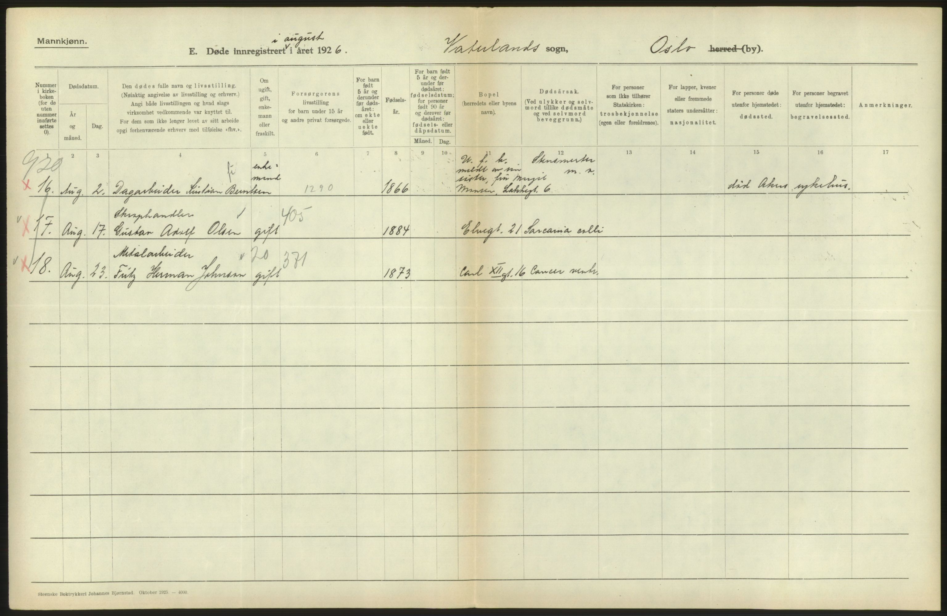 Statistisk sentralbyrå, Sosiodemografiske emner, Befolkning, AV/RA-S-2228/D/Df/Dfc/Dfcf/L0009: Oslo: Døde menn, 1926, s. 470