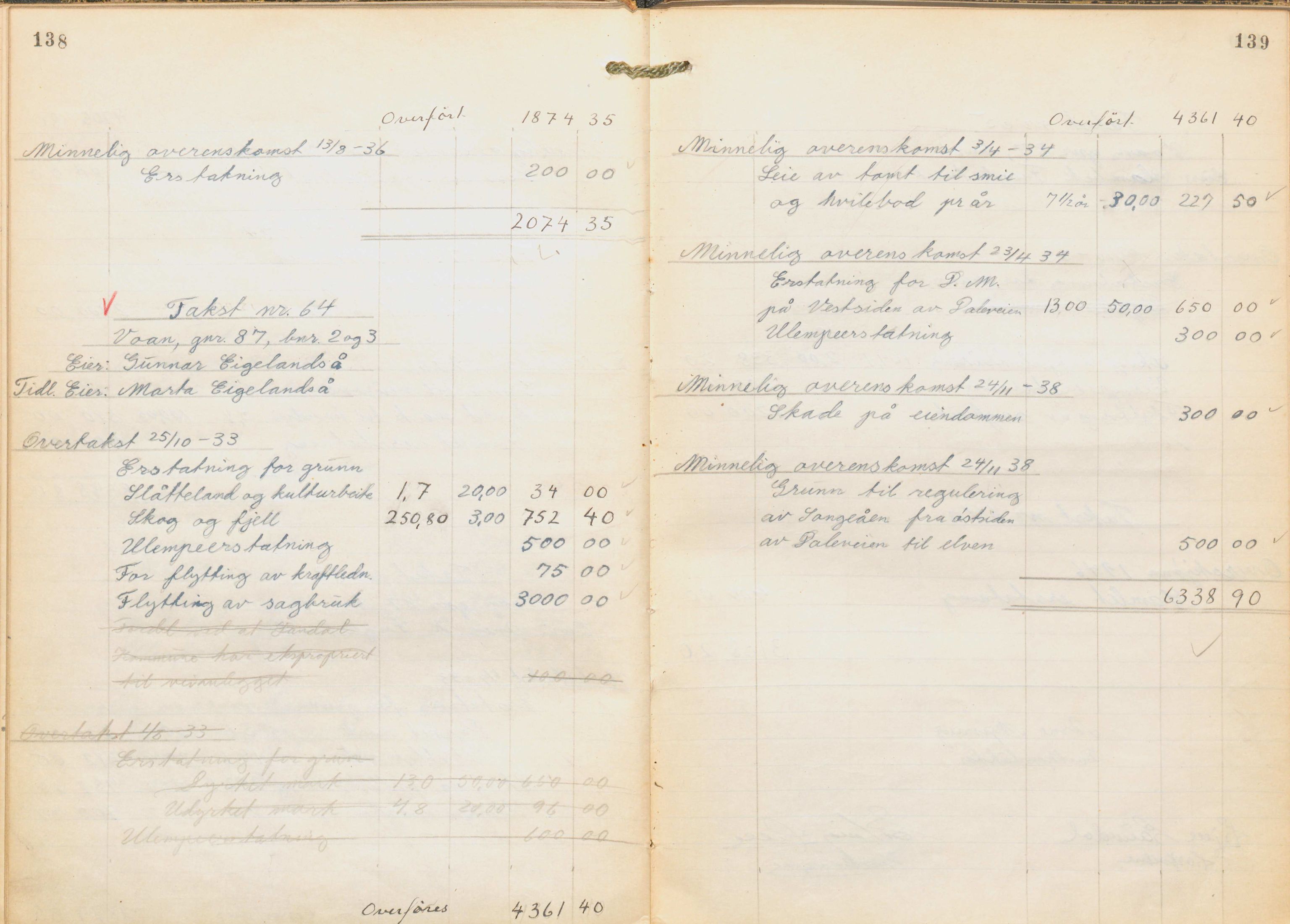 NSB Baneavdelingen, SAK/1821-0004/F/Fc/Fch/L0256/0003: Grunnerstatninger, målebrev / Kartkonduktørprotokoll for Kristiansand - Moi, 1. og 2. avd., 1947, s. 138-139