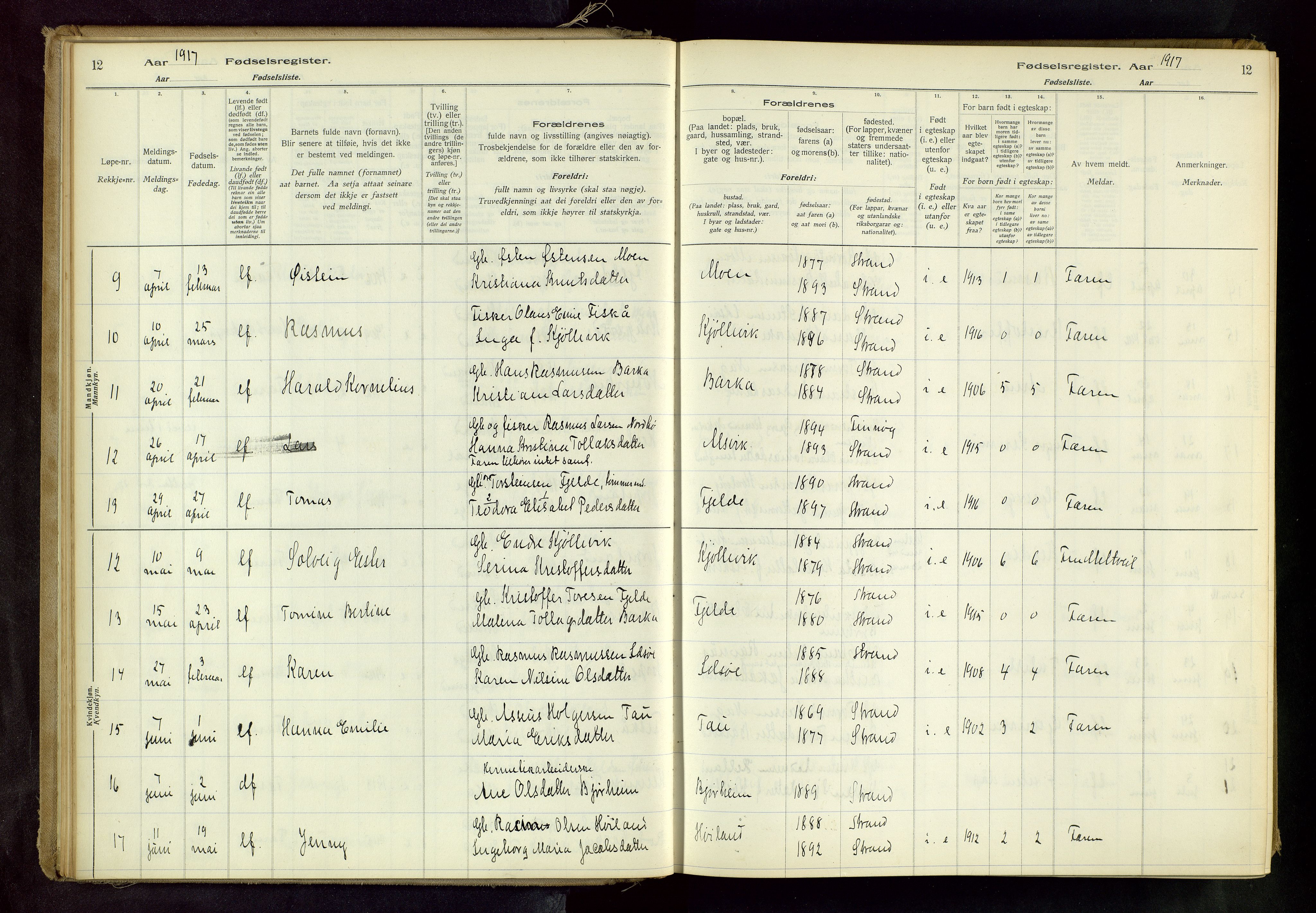 Strand sokneprestkontor, AV/SAST-A-101828/I/Id/L0001: Fødselsregister nr. 1, 1916-1938, s. 12