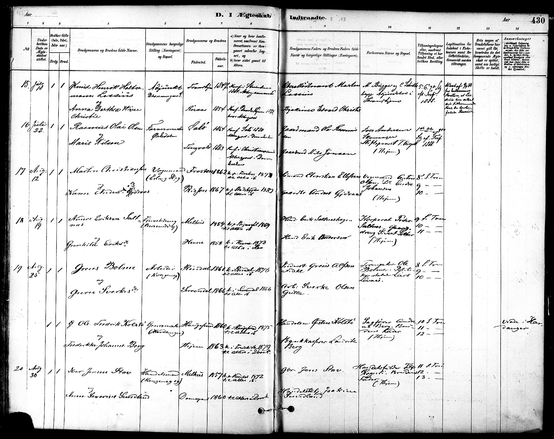 Ministerialprotokoller, klokkerbøker og fødselsregistre - Sør-Trøndelag, AV/SAT-A-1456/601/L0058: Ministerialbok nr. 601A26, 1877-1891, s. 430