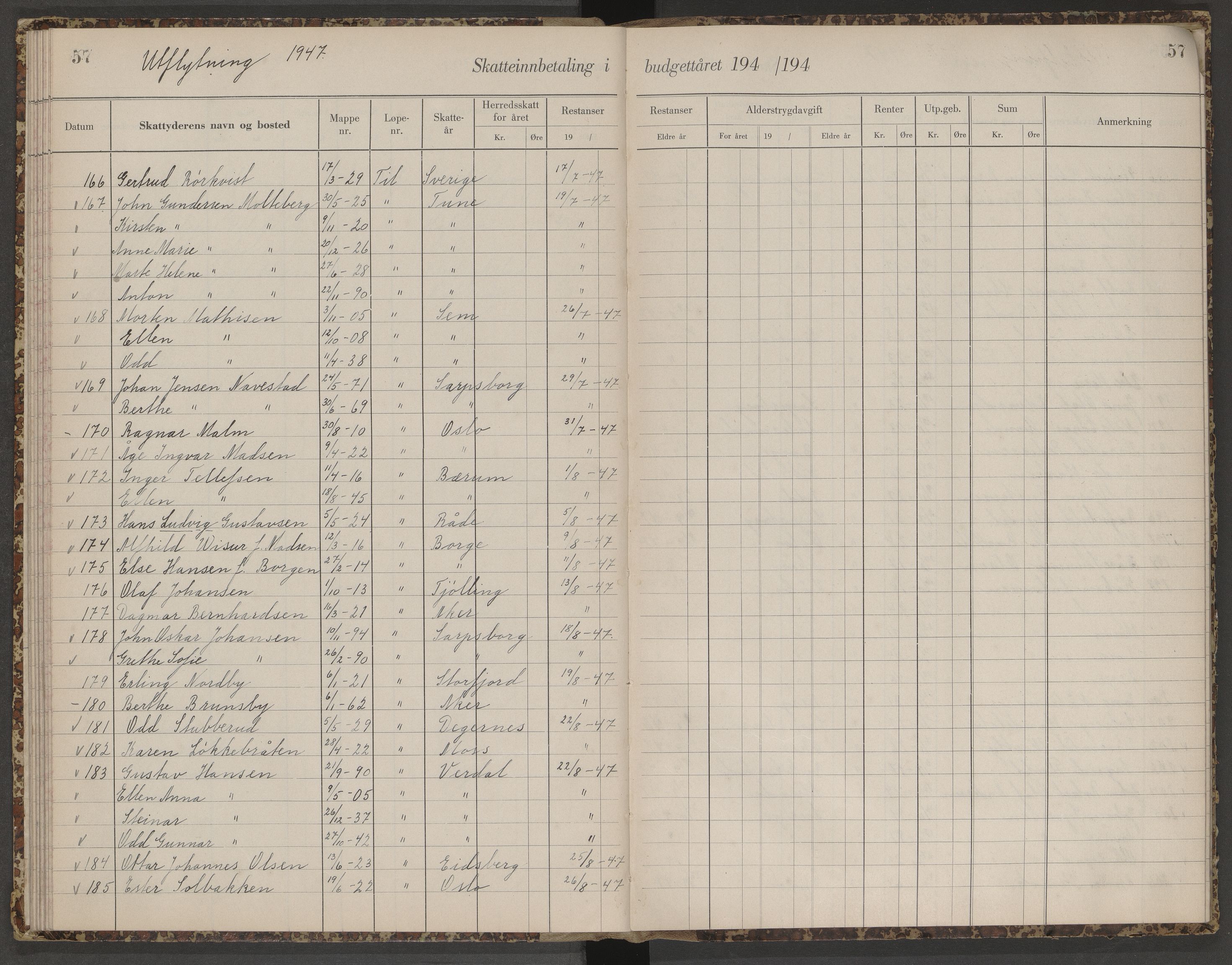 Skjeberg folkeregister, AV/SAO-A-10495/K/Ka/L0003: Fortegnelse over inn- og utflyttede, 1943-1947, s. 57