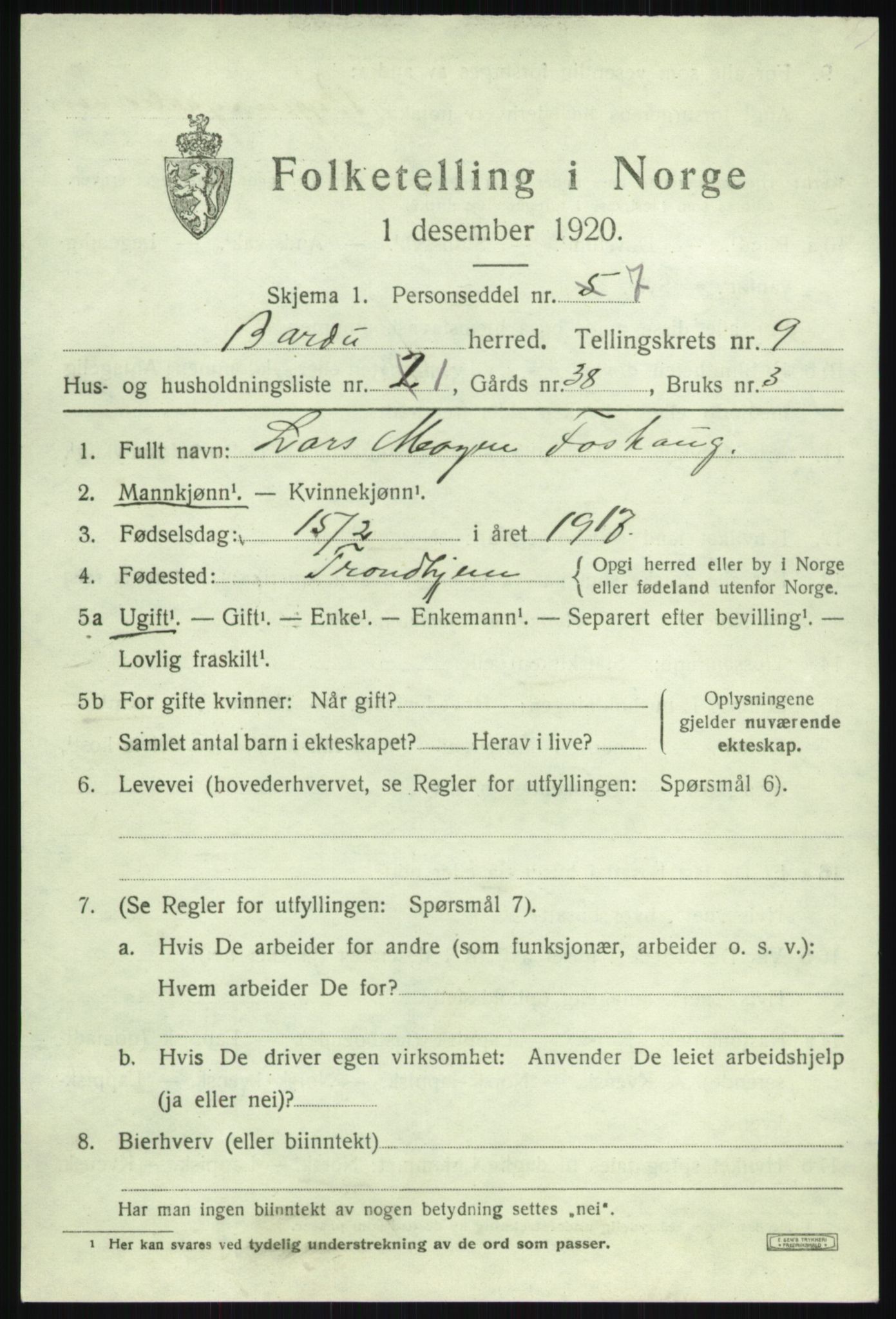 SATØ, Folketelling 1920 for 1922 Bardu herred, 1920, s. 3179