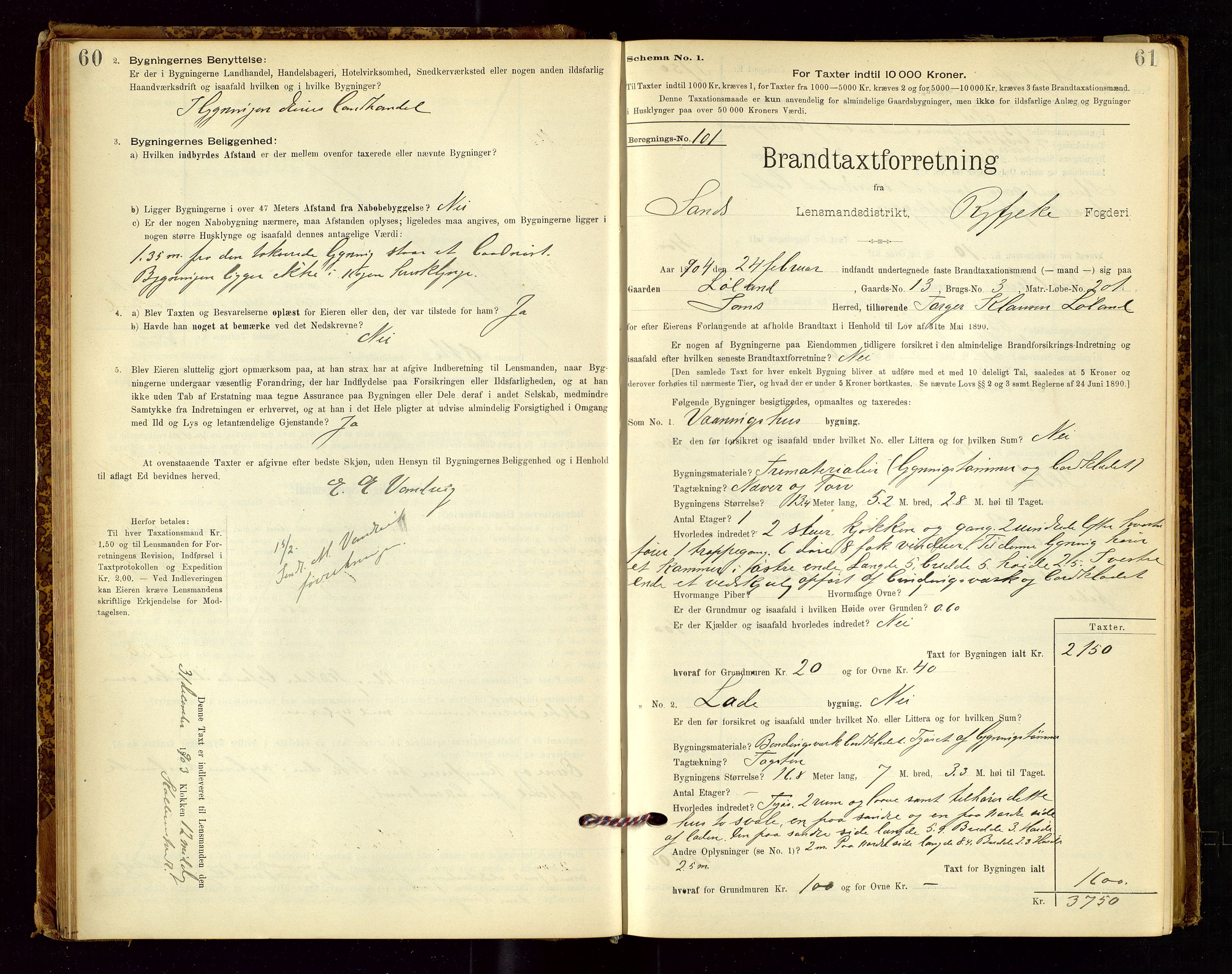 Sand lensmannskontor, AV/SAST-A-100415/Goc/L0001: "Brandtaxationsprotokol", 1895-1935, s. 60-61