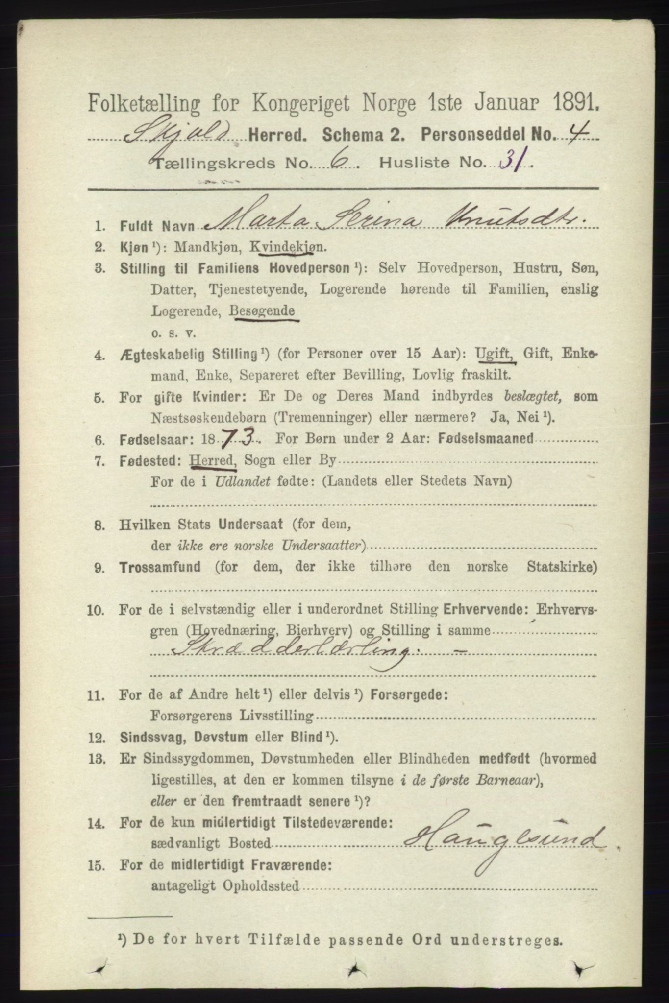 RA, Folketelling 1891 for 1154 Skjold herred, 1891, s. 1172