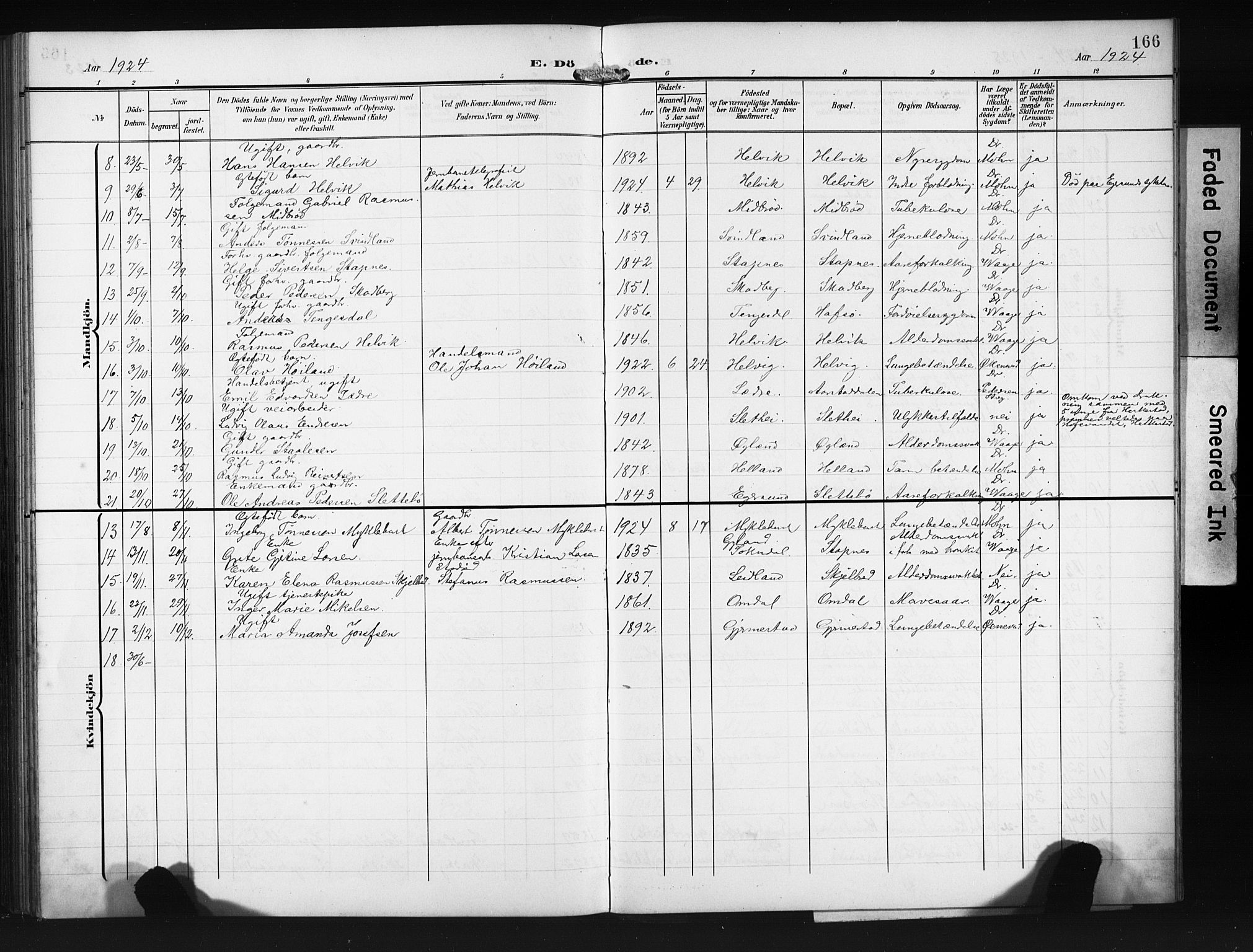 Eigersund sokneprestkontor, AV/SAST-A-101807/S09/L0011: Klokkerbok nr. B 11, 1908-1930, s. 166