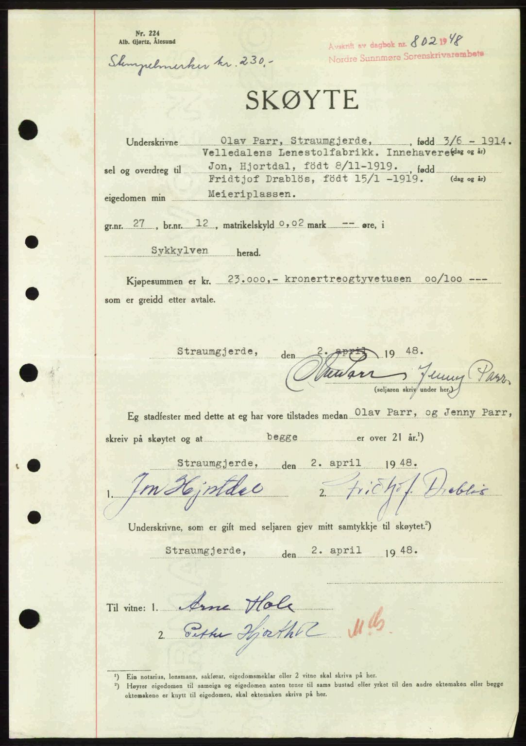 Nordre Sunnmøre sorenskriveri, SAT/A-0006/1/2/2C/2Ca: Pantebok nr. A27, 1948-1948, Dagboknr: 802/1948