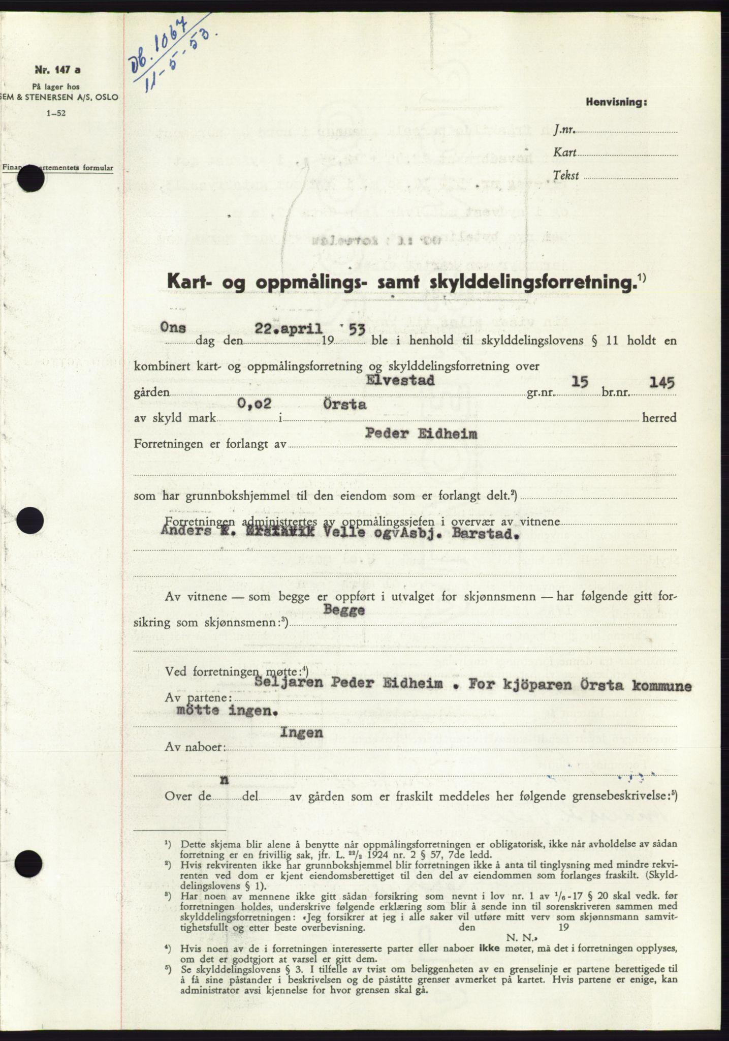 Søre Sunnmøre sorenskriveri, SAT/A-4122/1/2/2C/L0094: Pantebok nr. 20A, 1953-1953, Dagboknr: 1067/1953