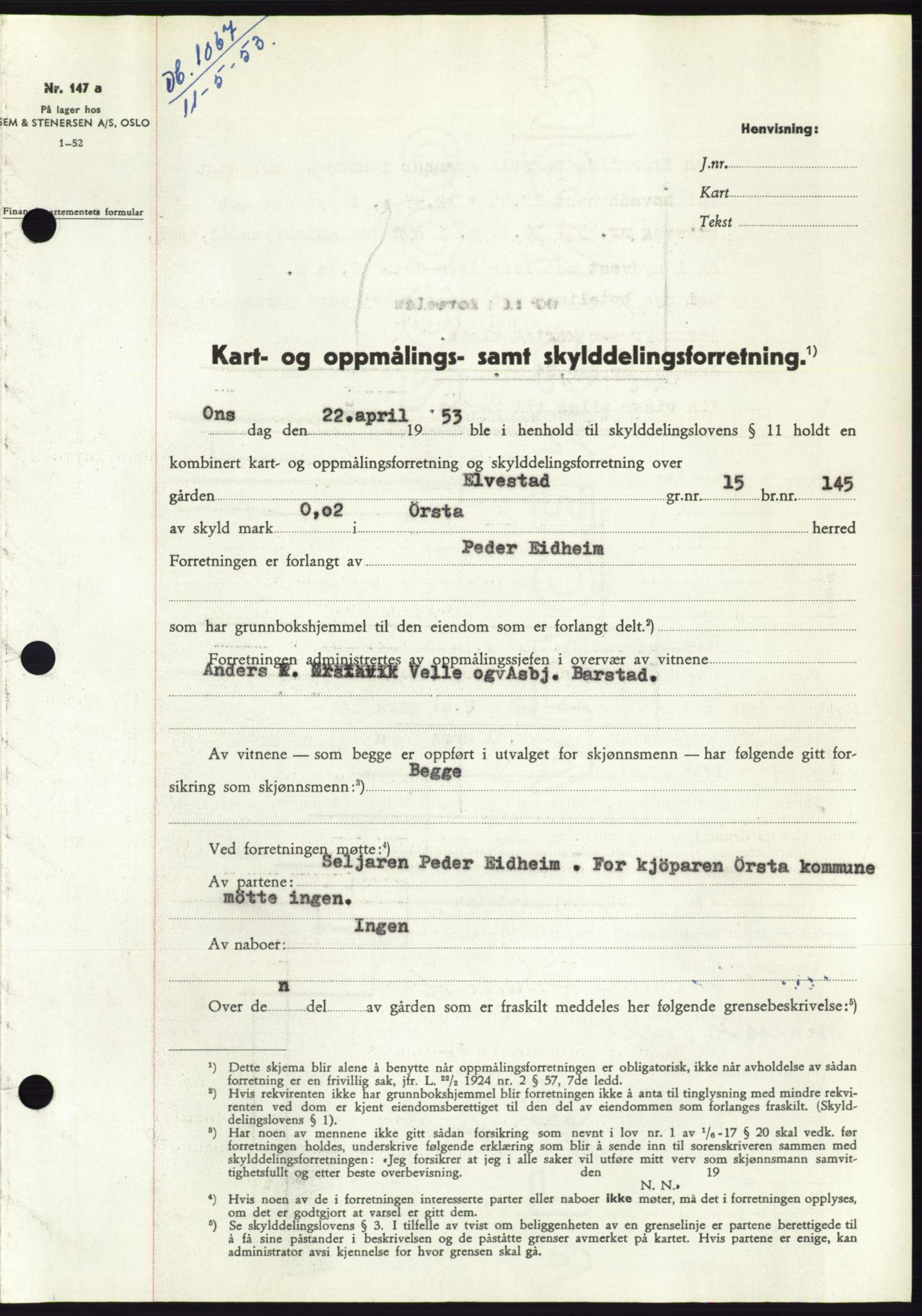 Søre Sunnmøre sorenskriveri, AV/SAT-A-4122/1/2/2C/L0094: Pantebok nr. 20A, 1953-1953, Dagboknr: 1067/1953