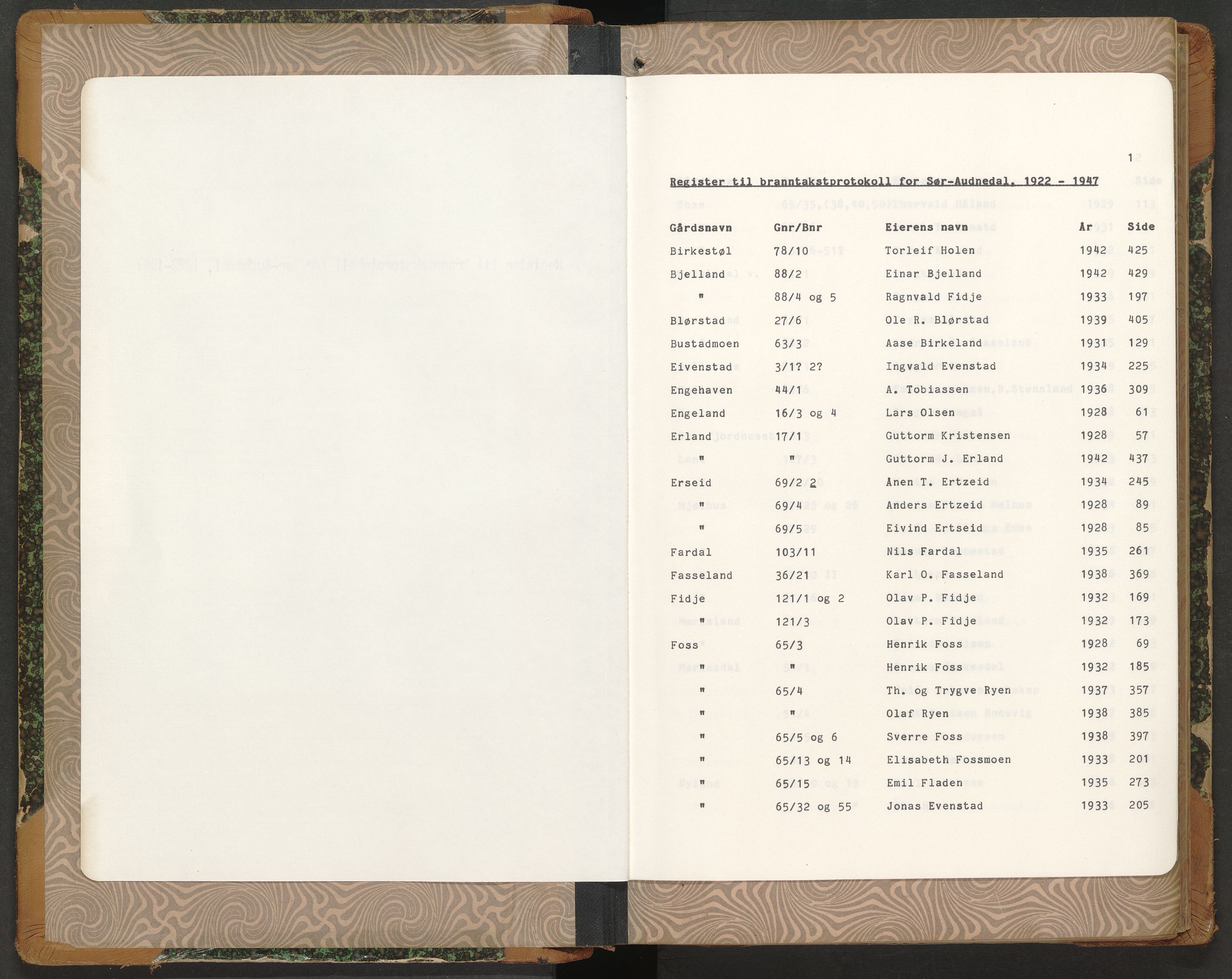 Norges Brannkasse Sør-Audnedal, AV/SAK-2241-0048/F/Fa/L0004: Branntakstprotokoll nr. 4 med gårdsnavnregister, 1922-1947