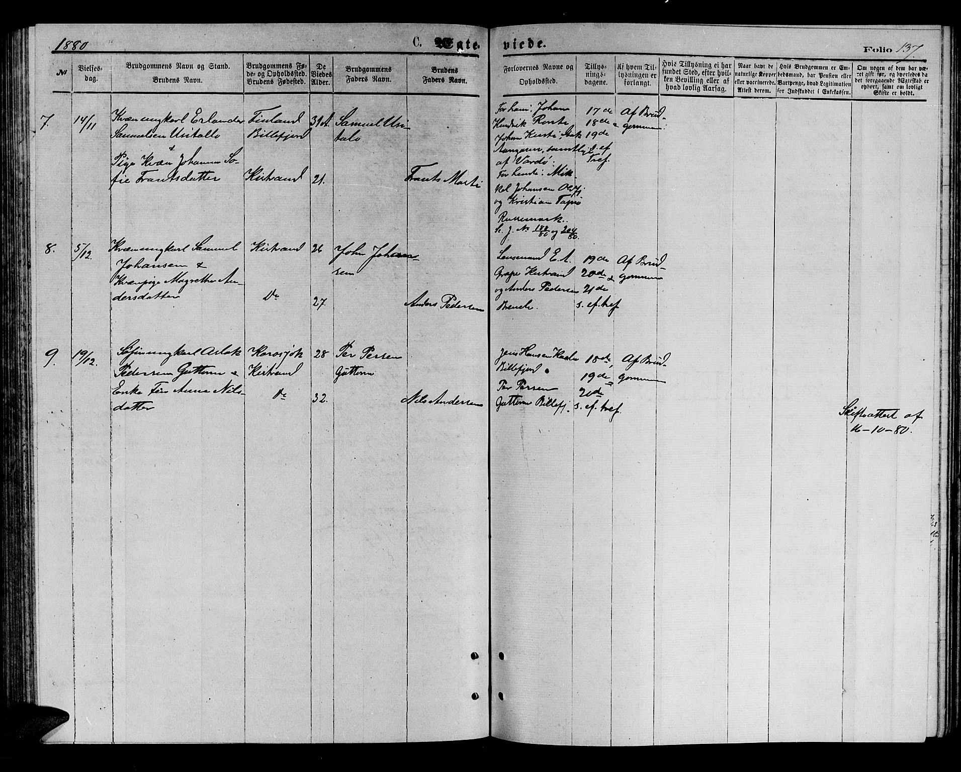 Kistrand/Porsanger sokneprestembete, AV/SATØ-S-1351/H/Hb/L0003.klokk: Klokkerbok nr. 3, 1874-1885, s. 137