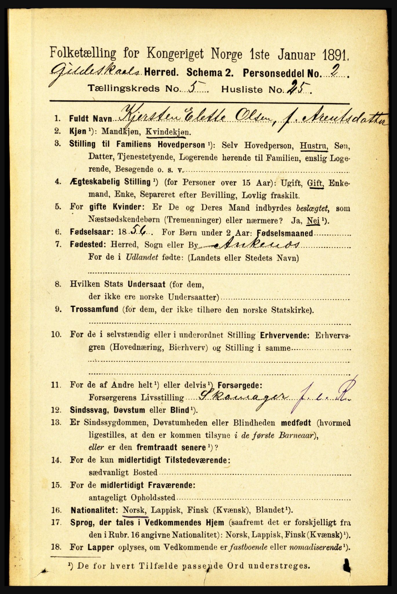 RA, Folketelling 1891 for 1838 Gildeskål herred, 1891, s. 1725