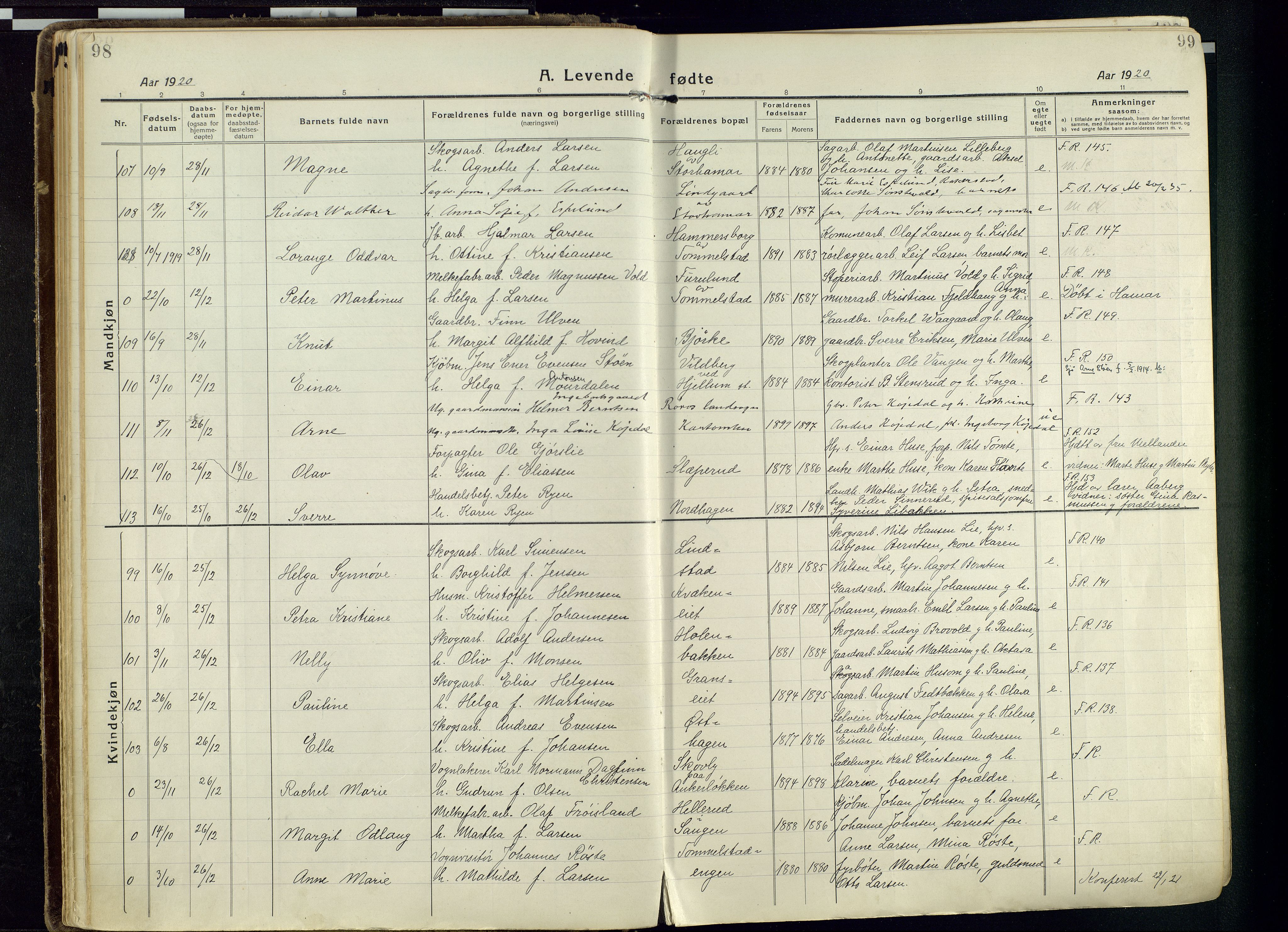 Vang prestekontor, Hedmark, AV/SAH-PREST-008/H/Ha/Haa/L0022: Ministerialbok nr. 22, 1918-1944, s. 98-99