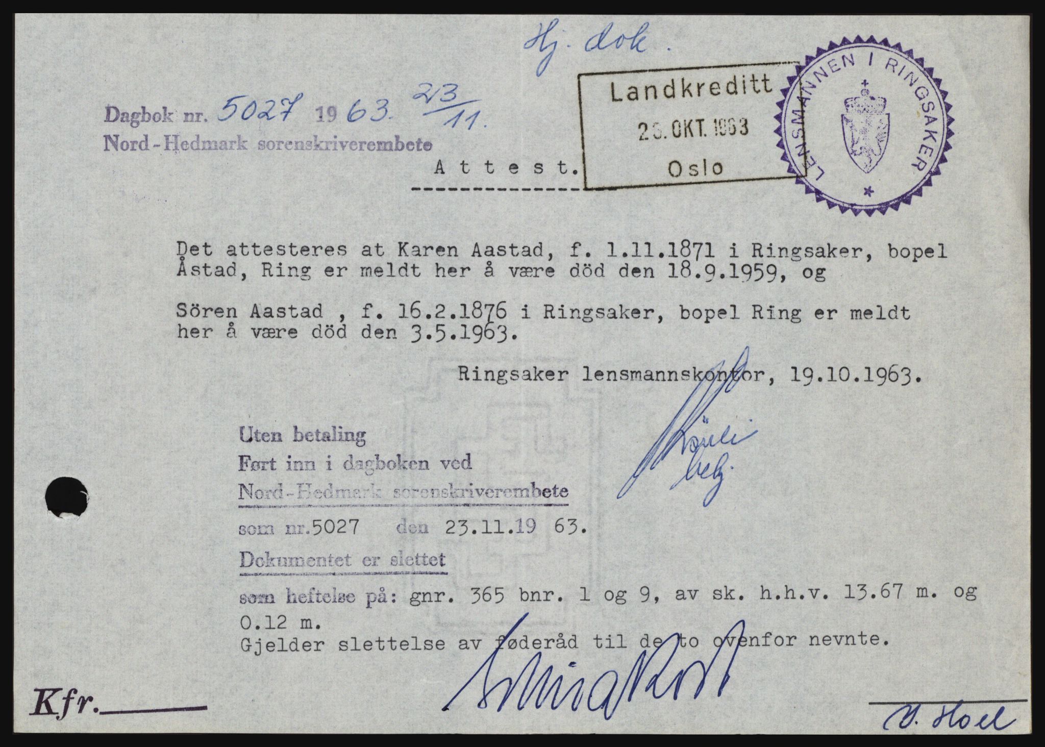 Nord-Hedmark sorenskriveri, SAH/TING-012/H/Hc/L0019: Pantebok nr. 19, 1963-1964, Dagboknr: 5027/1963