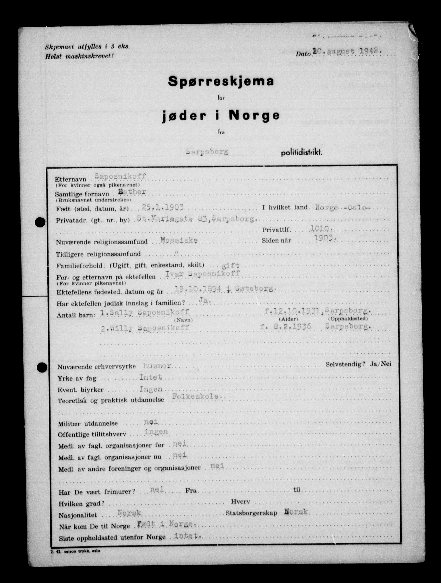 Statspolitiet - Hovedkontoret / Osloavdelingen, AV/RA-S-1329/G/Ga/L0013: Spørreskjema for jøder i Norge. 1: Sandefjord-Trondheim. 2: Tønsberg- Ålesund.  3: Skriv vedr. jøder A-H.  , 1942-1943, s. 23