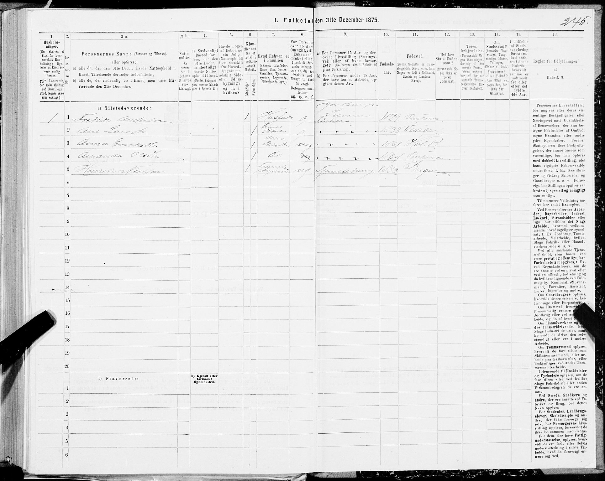 SAT, Folketelling 1875 for 1860P Buksnes prestegjeld, 1875, s. 1245