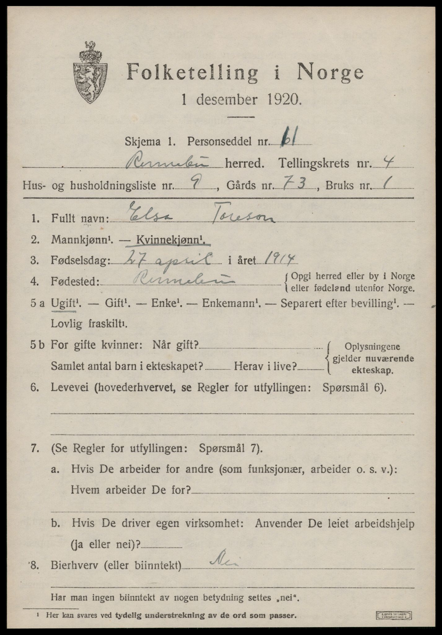 SAT, Folketelling 1920 for 1635 Rennebu herred, 1920, s. 2670