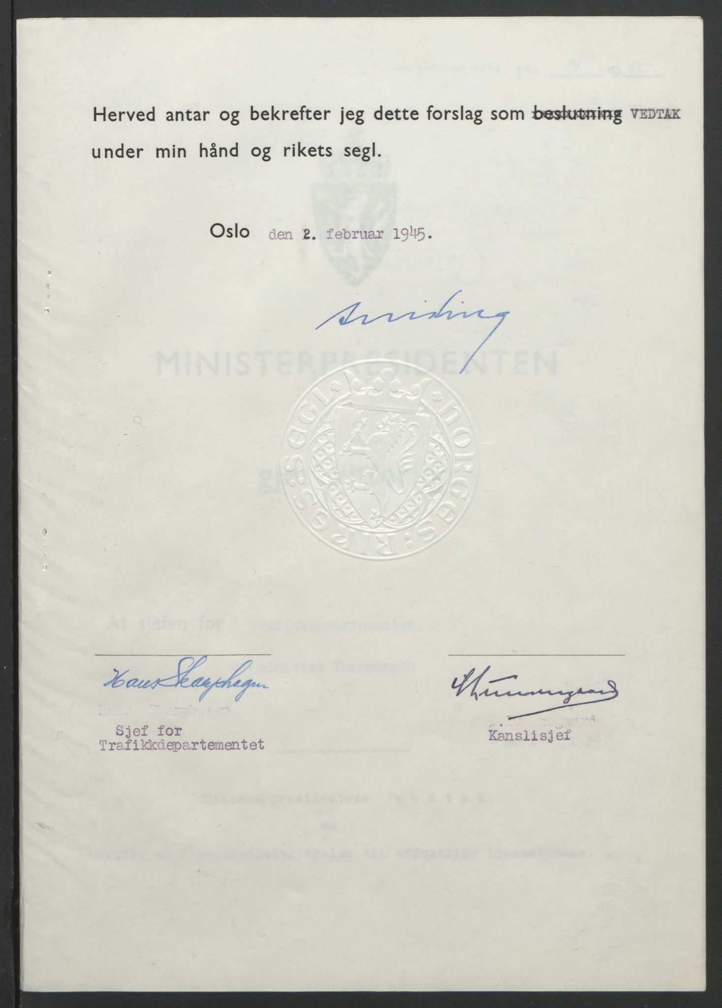 NS-administrasjonen 1940-1945 (Statsrådsekretariatet, de kommisariske statsråder mm), RA/S-4279/D/Db/L0101/0001: -- / Lover og vedtak, 1945, s. 188