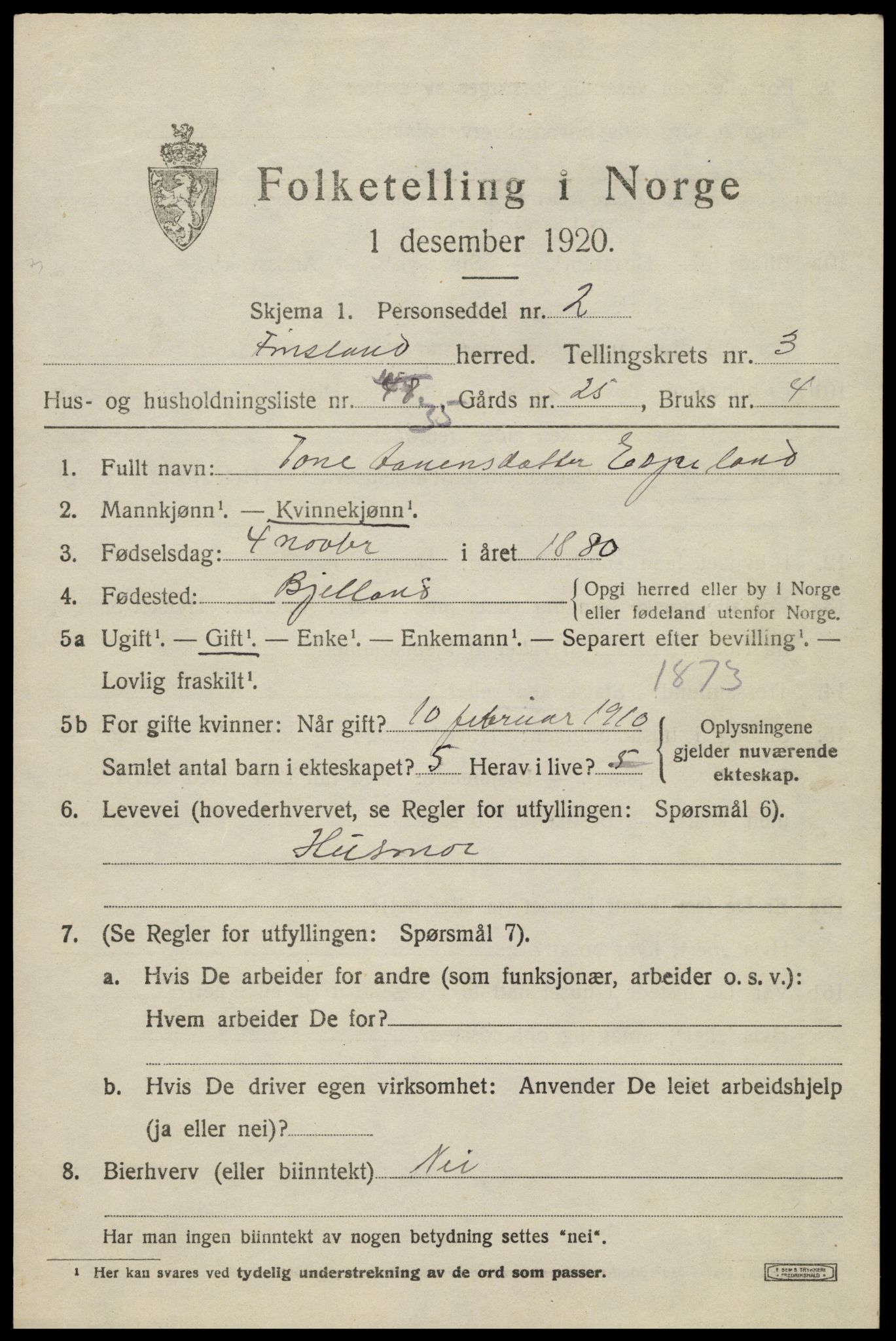 SAK, Folketelling 1920 for 1023 Finsland herred, 1920, s. 1584