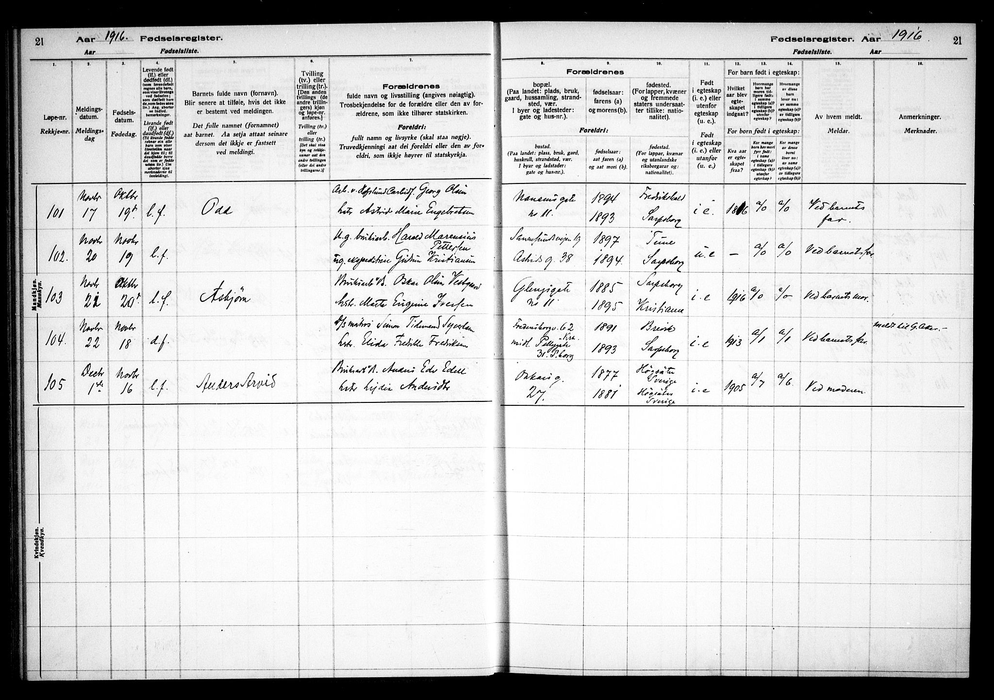 Sarpsborg prestekontor Kirkebøker, AV/SAO-A-2006/J/Ja/L0001: Fødselsregister nr. 1, 1916-1922, s. 21