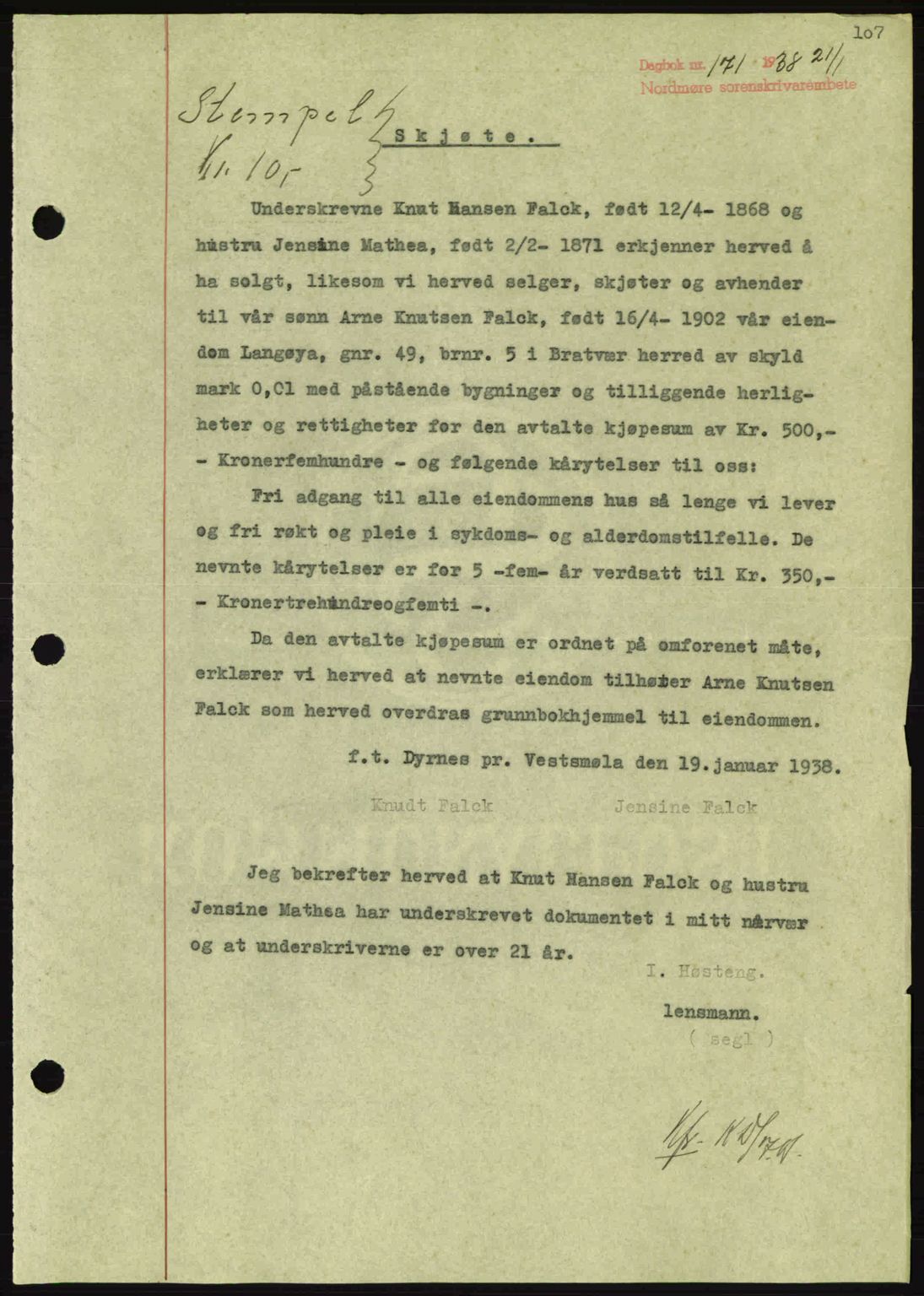 Nordmøre sorenskriveri, SAT/A-4132/1/2/2Ca: Pantebok nr. A83, 1938-1938, Dagboknr: 171/1938
